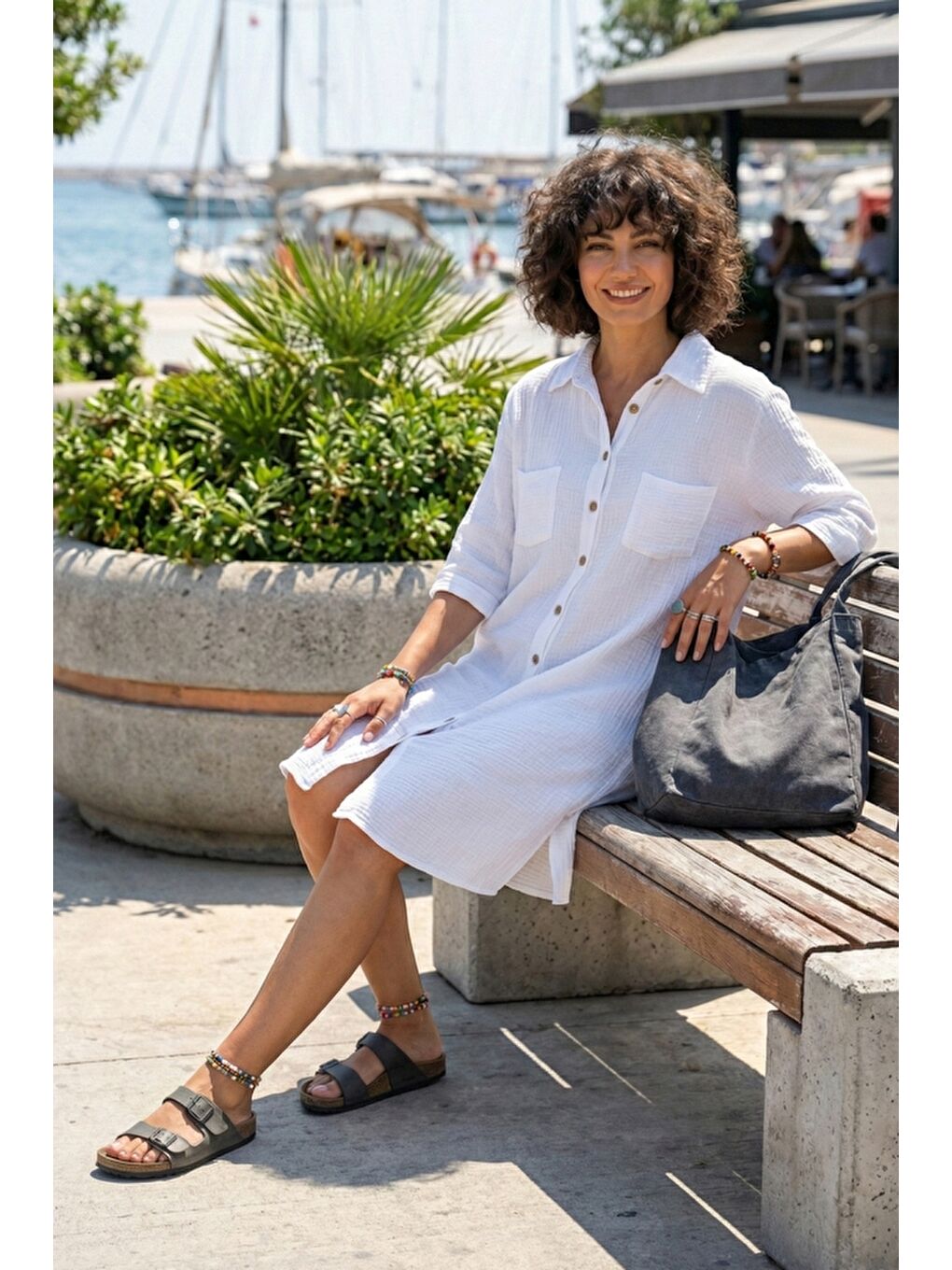 Beyaz Gömlek Yaka Kısa Kol Çift Cepli Casual Müslin Dokuma Elbise 95 65-2