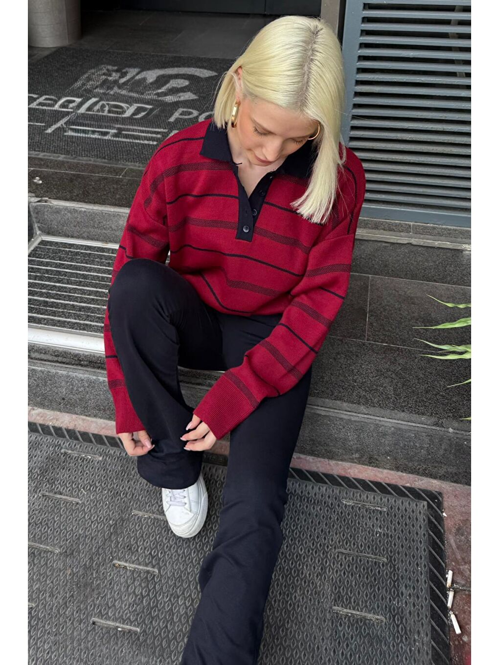 Bordo Çizgili Polo Yaka Kadın Kazak Mg2476-7