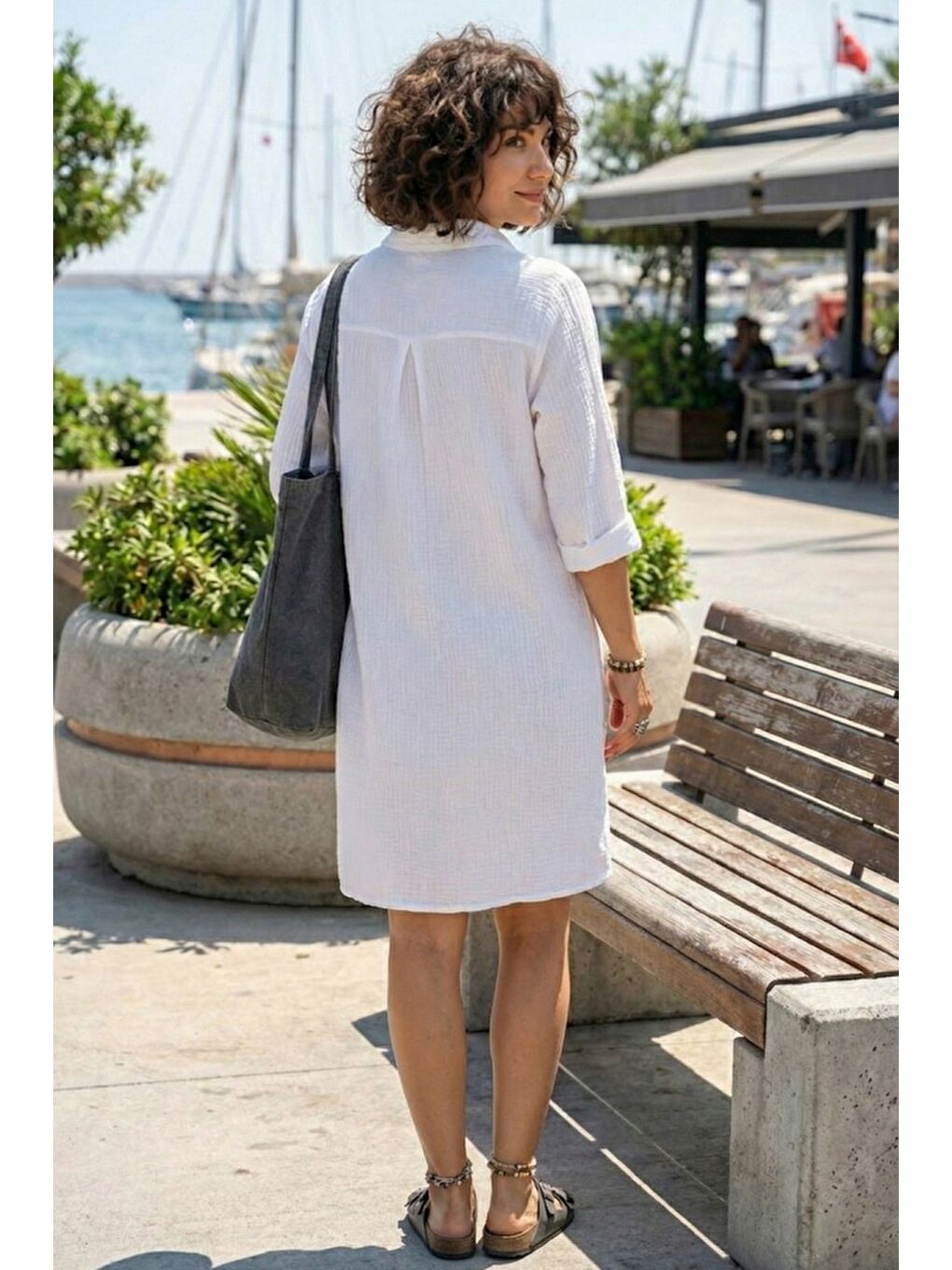 Beyaz Gömlek Yaka Kısa Kol Çift Cepli Casual Müslin Dokuma Elbise 95 65-3