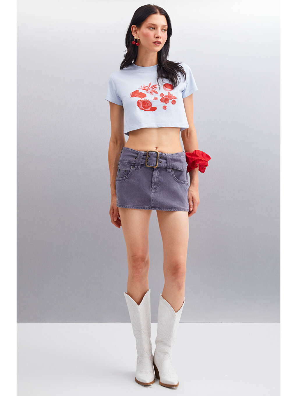 Serene Kadın Kısa Kollu Baskılı Crop Mavi T-shirt-1