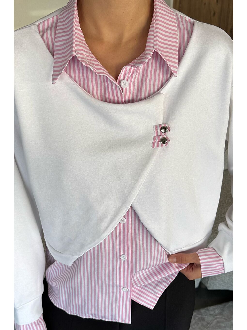 Beyaz Kadın Gömlek Garnili Sweatshirt-1