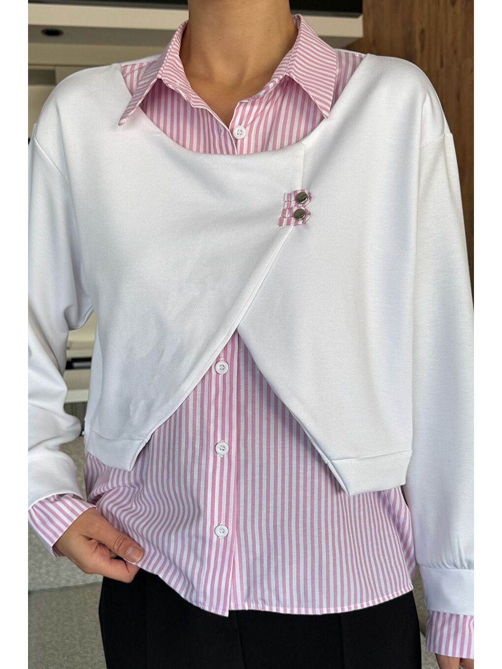 Beyaz Kadın Gömlek Garnili Sweatshirt-2