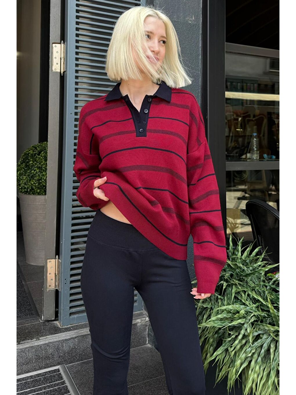 Bordo Çizgili Polo Yaka Kadın Kazak Mg2476-8