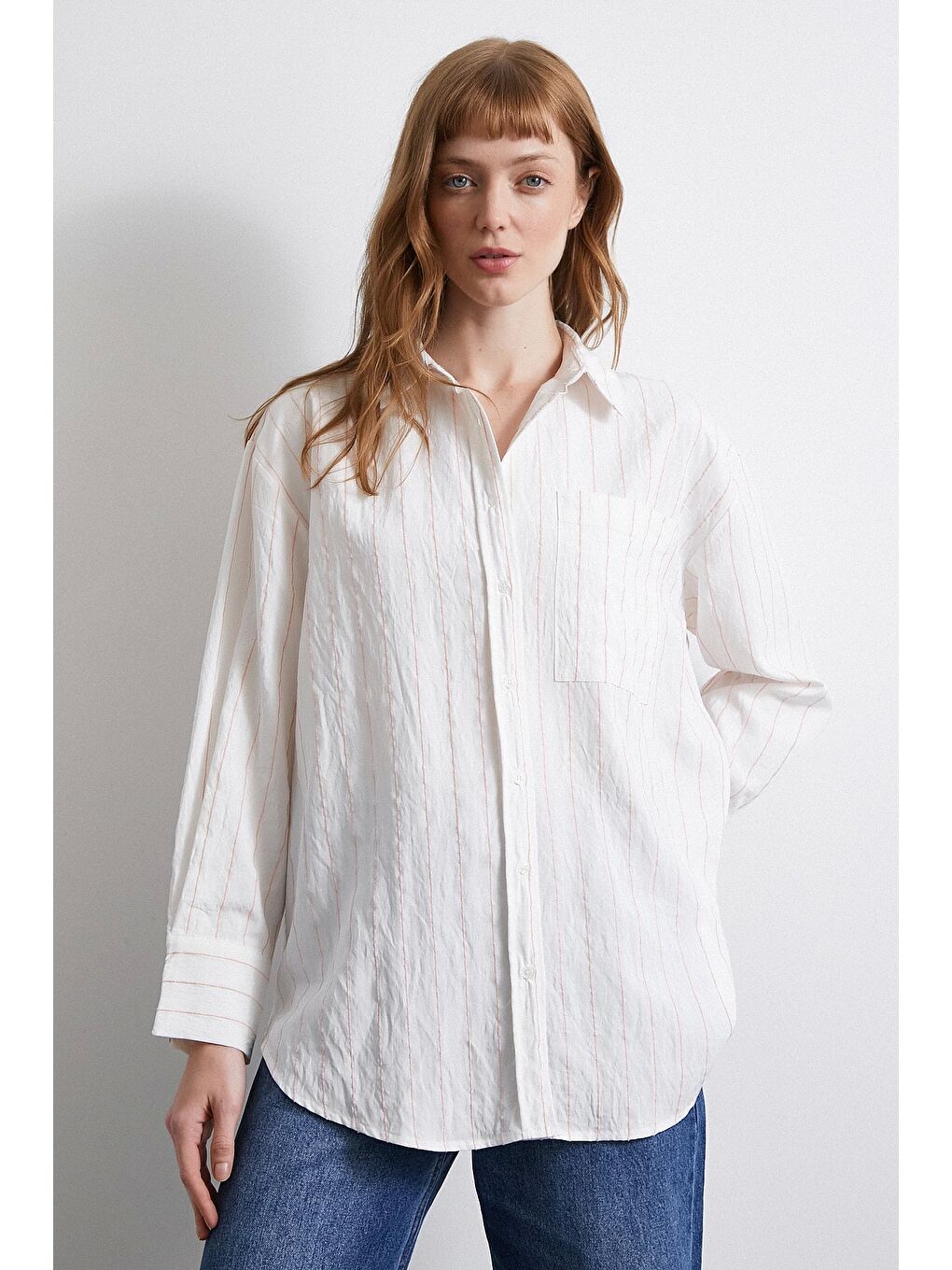 Çizgili Cepli Gömlek Pembe-4