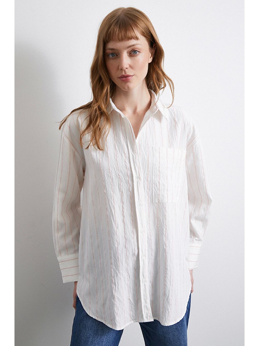 Çizgili Cepli Gömlek Pembe-5