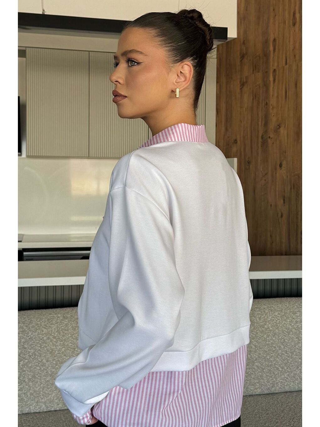 Beyaz Kadın Gömlek Garnili Sweatshirt-3