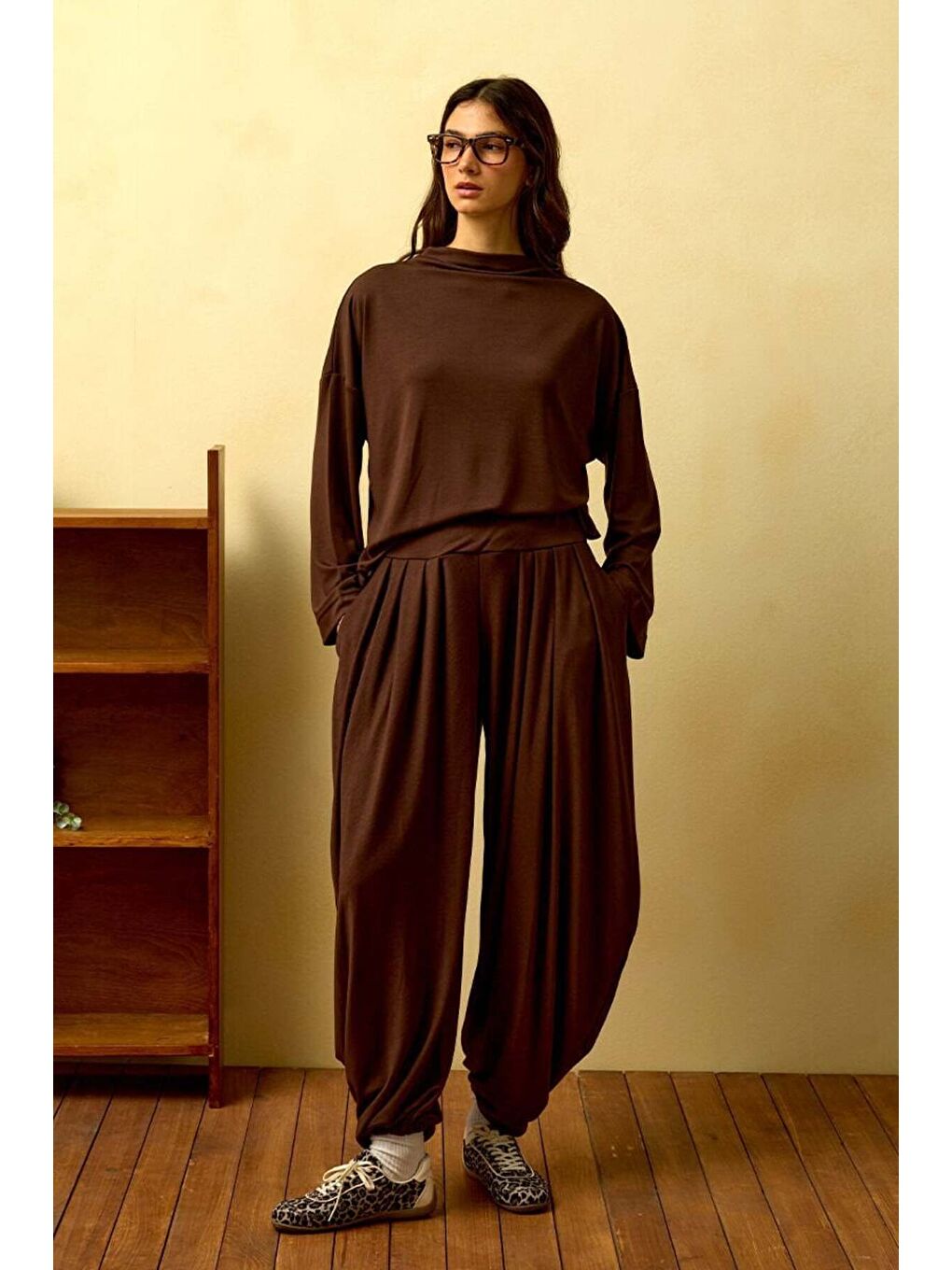 Kahverengi Acı Kahve Düz Yaka Şalvar Pantolon Takım