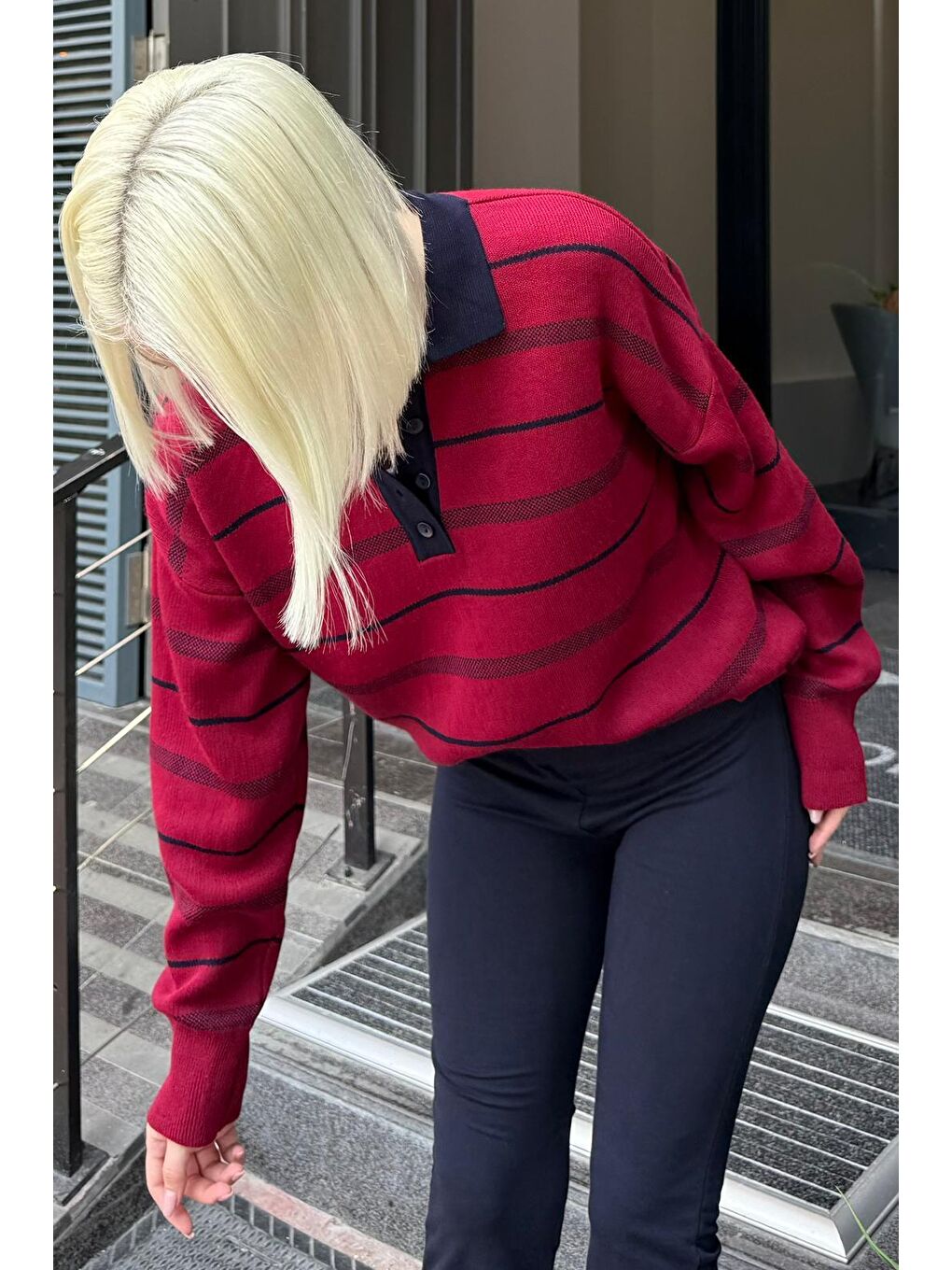 Bordo Çizgili Polo Yaka Kadın Kazak Mg2476-9
