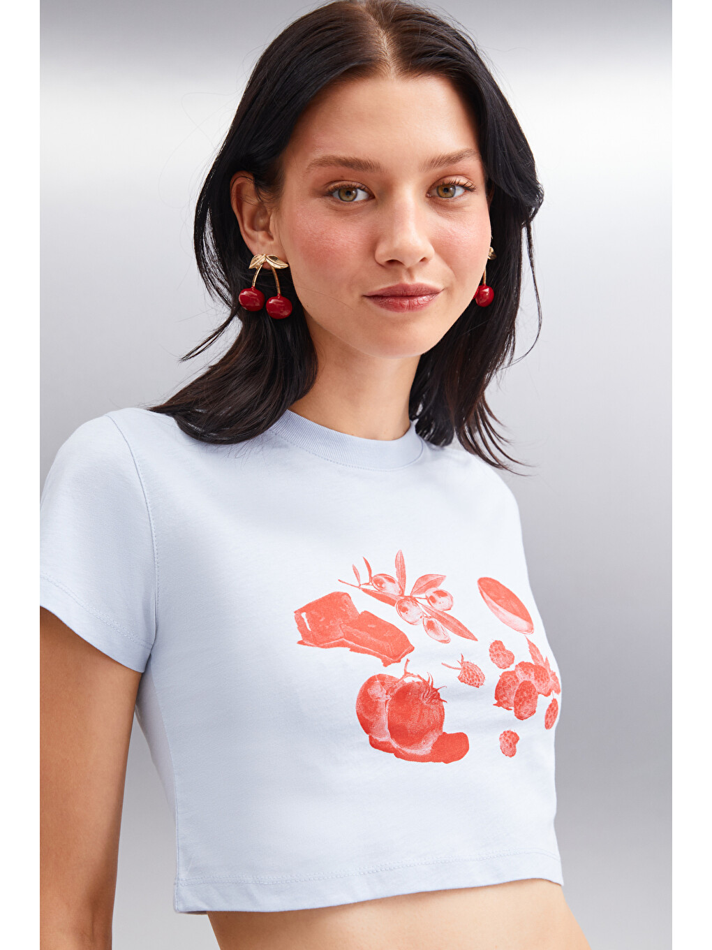 Serene Kadın Kısa Kollu Baskılı Crop Mavi T-shirt-2