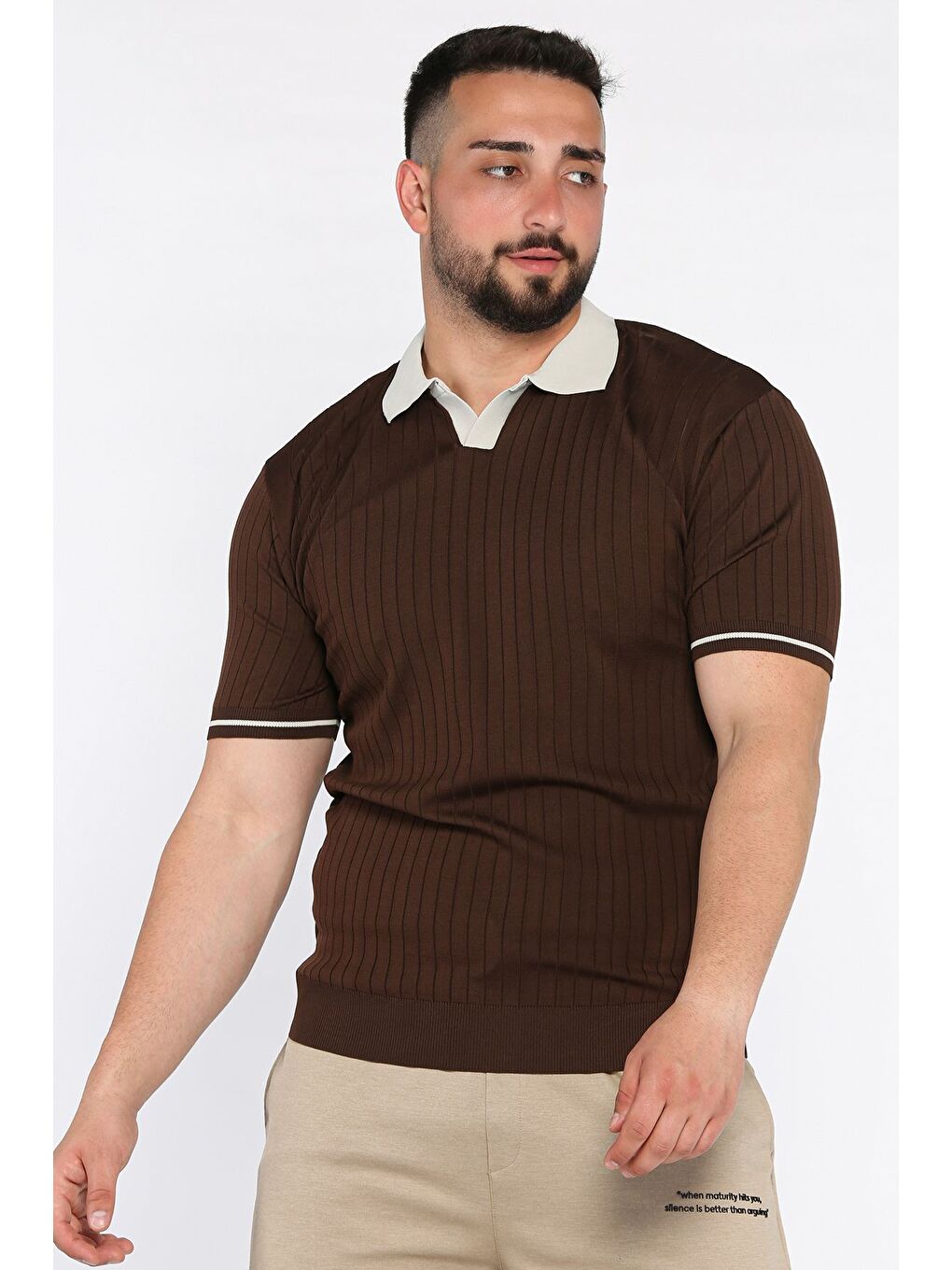 Kahverengi Erkek Polo Yaka Kendinden Çizgi Desenli Triko Tişört