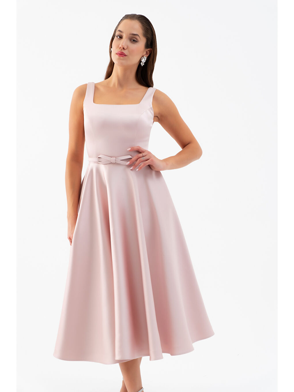Pembe Kadın Pudra Kare Yaka Kemerli Midi Söz Nişan Elbisesi-1