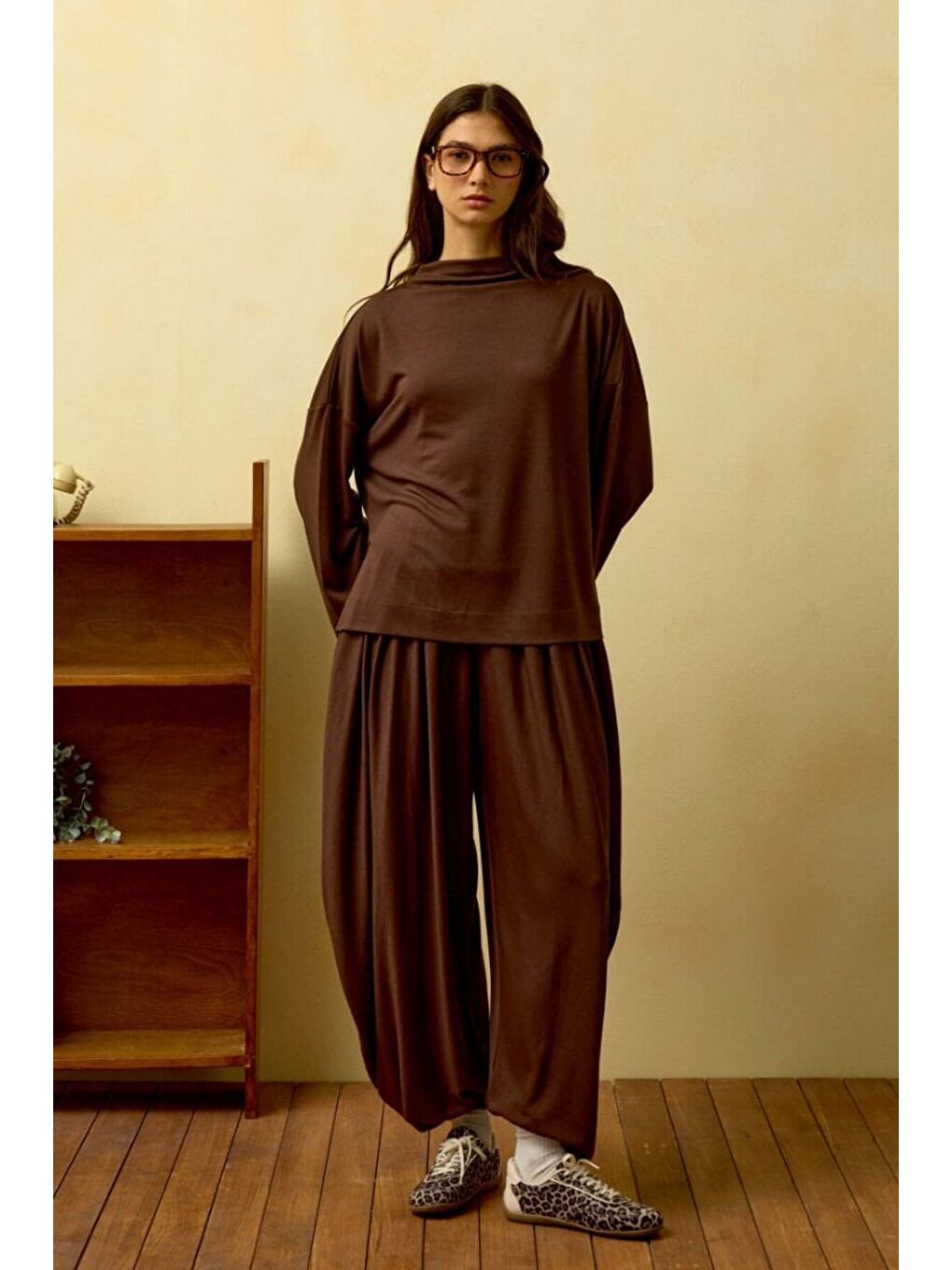 Kahverengi Acı Kahve Düz Yaka Şalvar Pantolon Takım-1