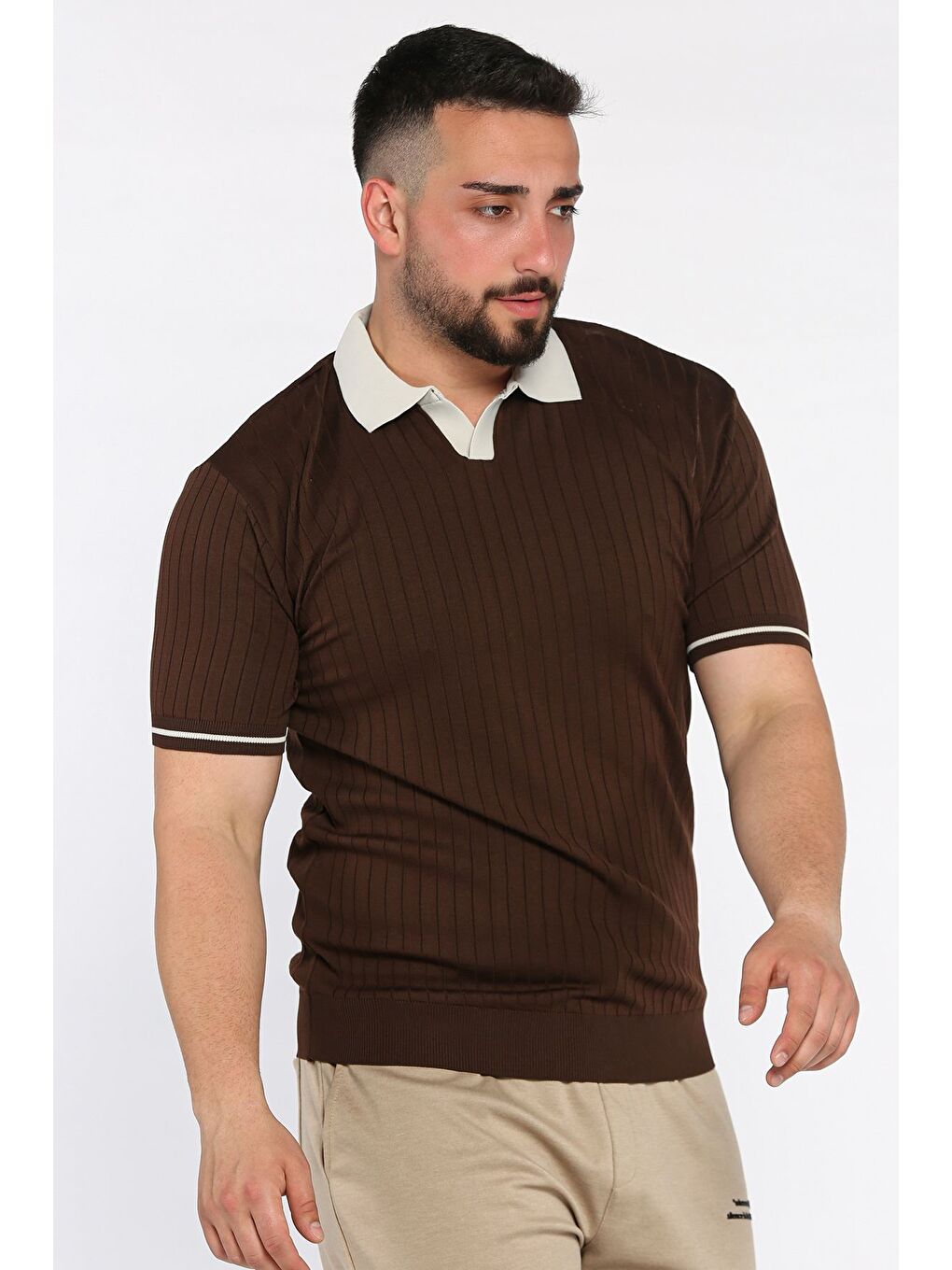 Kahverengi Erkek Polo Yaka Kendinden Çizgi Desenli Triko Tişört-1