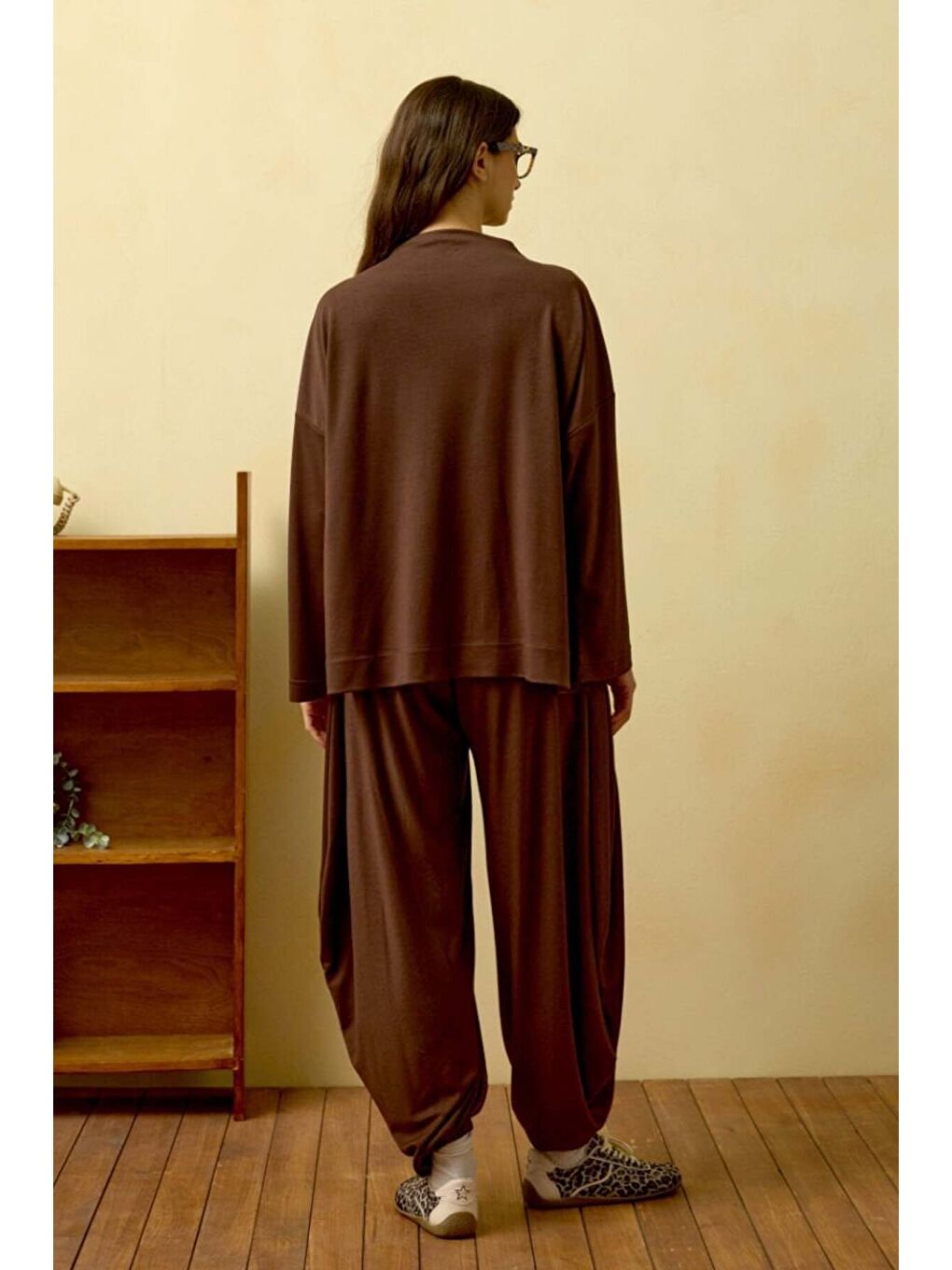 Kahverengi Acı Kahve Düz Yaka Şalvar Pantolon Takım-2