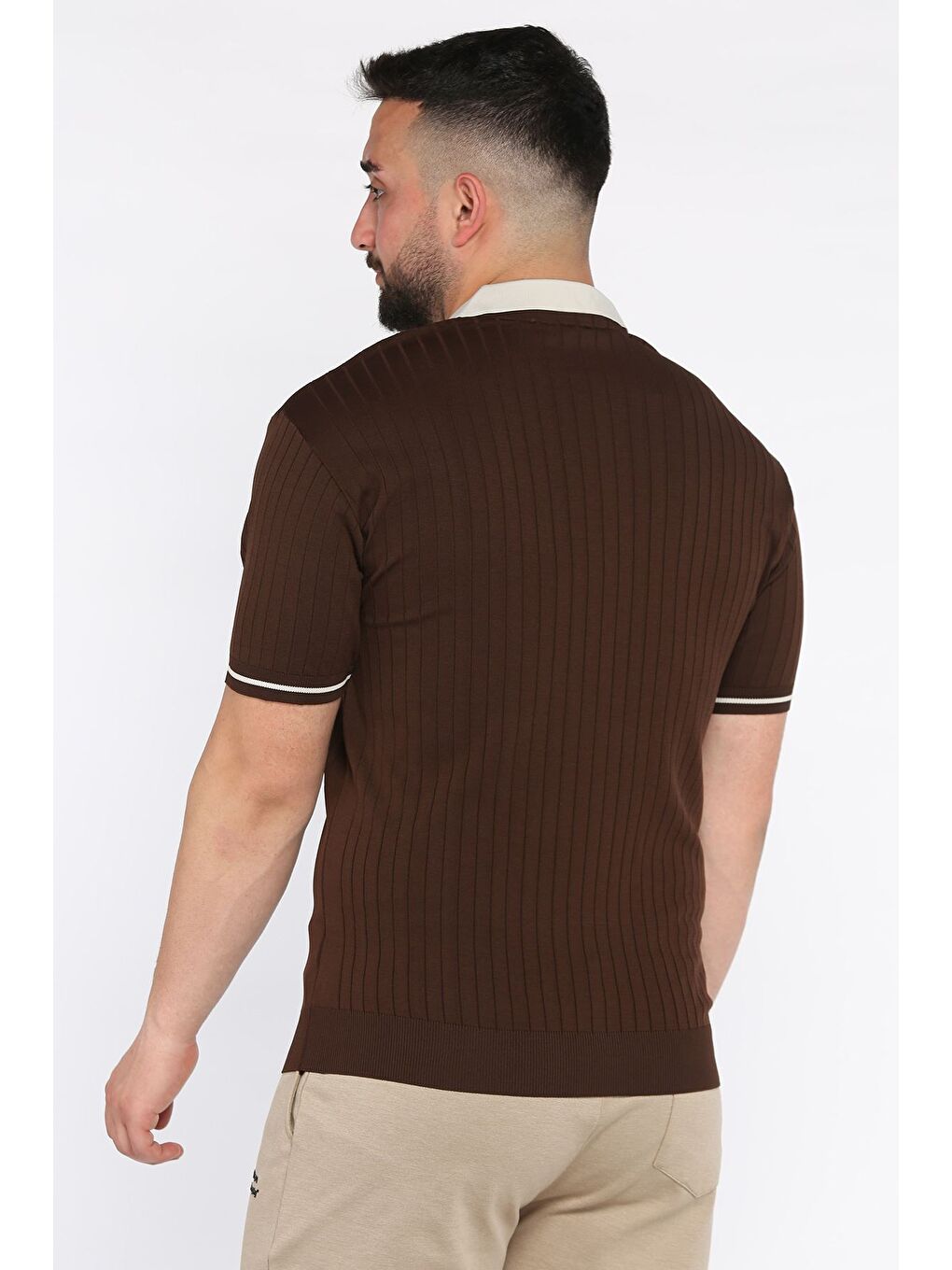 Kahverengi Erkek Polo Yaka Kendinden Çizgi Desenli Triko Tişört-2