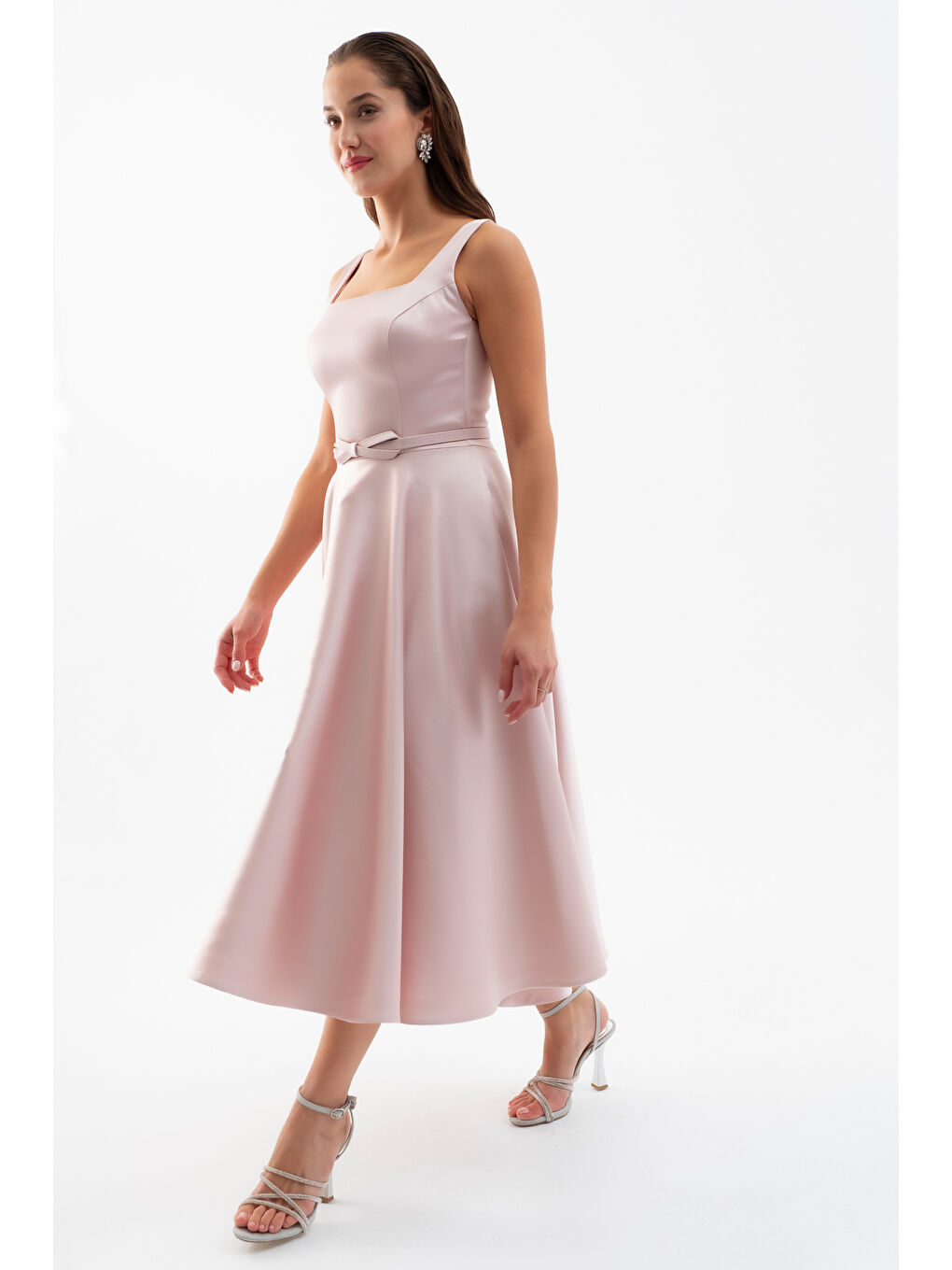 Pembe Kadın Pudra Kare Yaka Kemerli Midi Söz Nişan Elbisesi-2