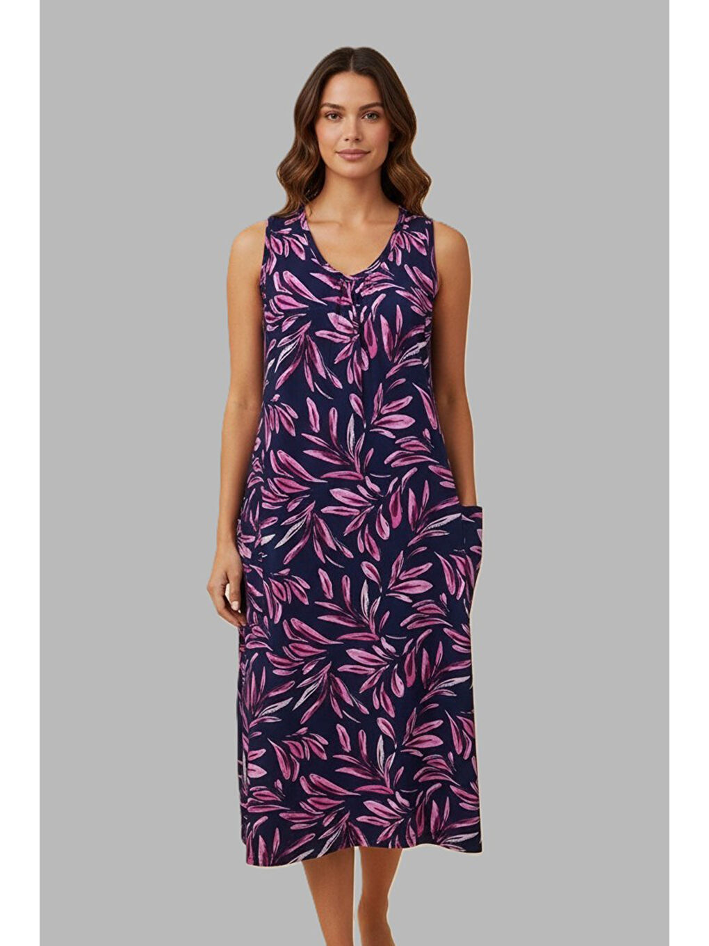 Kadın Sıfır Kol Viskon Elbise Pijama 25235-3 Koyu Lacivert