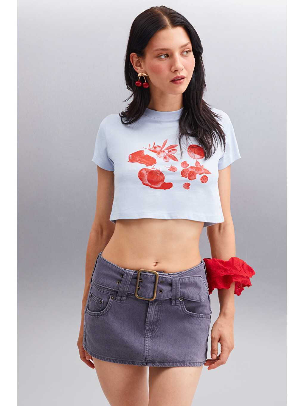 Serene Kadın Kısa Kollu Baskılı Crop Mavi T-shirt-3