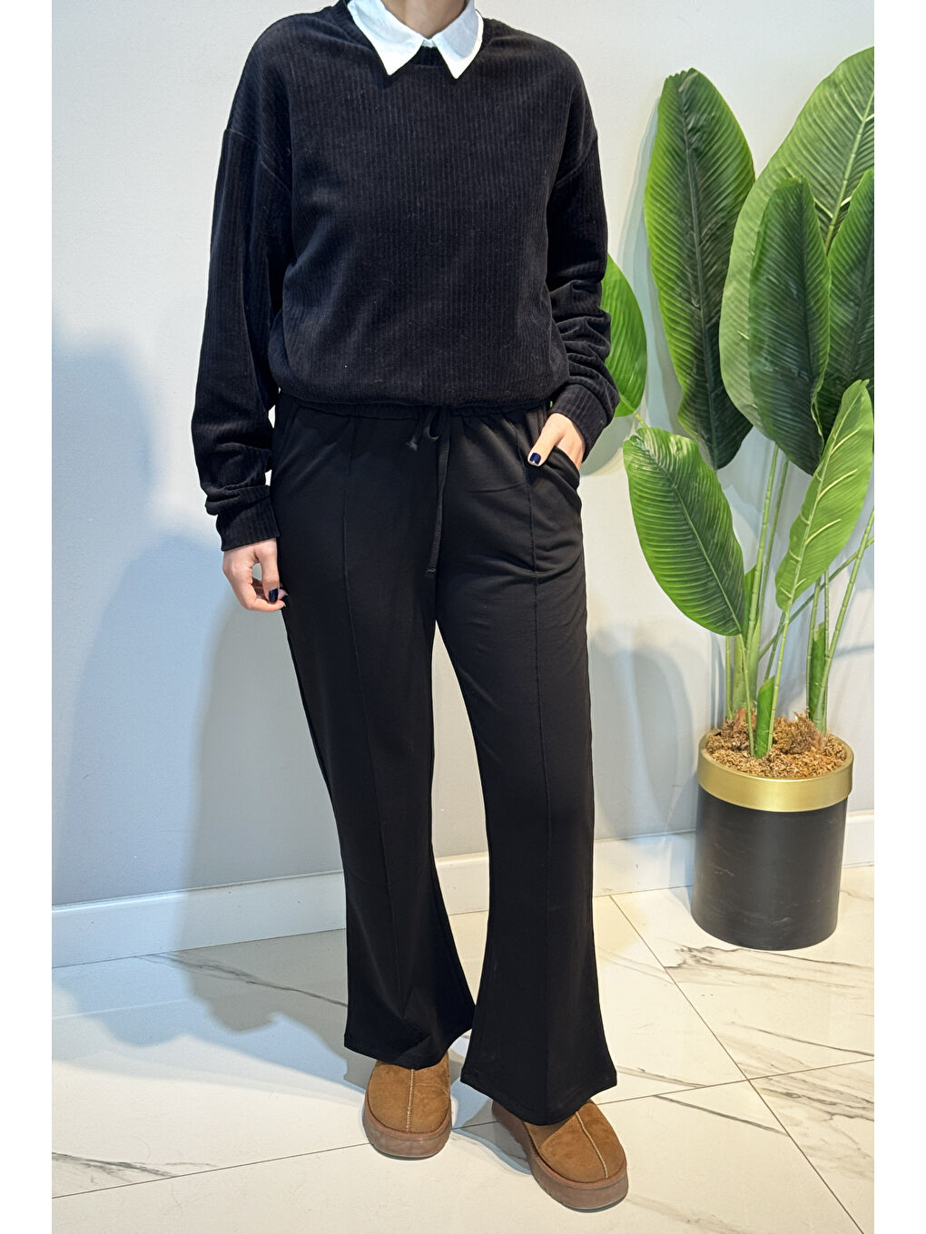 Nervür Dikiş Beli Lastikli Bağcıklı Pantolon 1887 Siyah-1