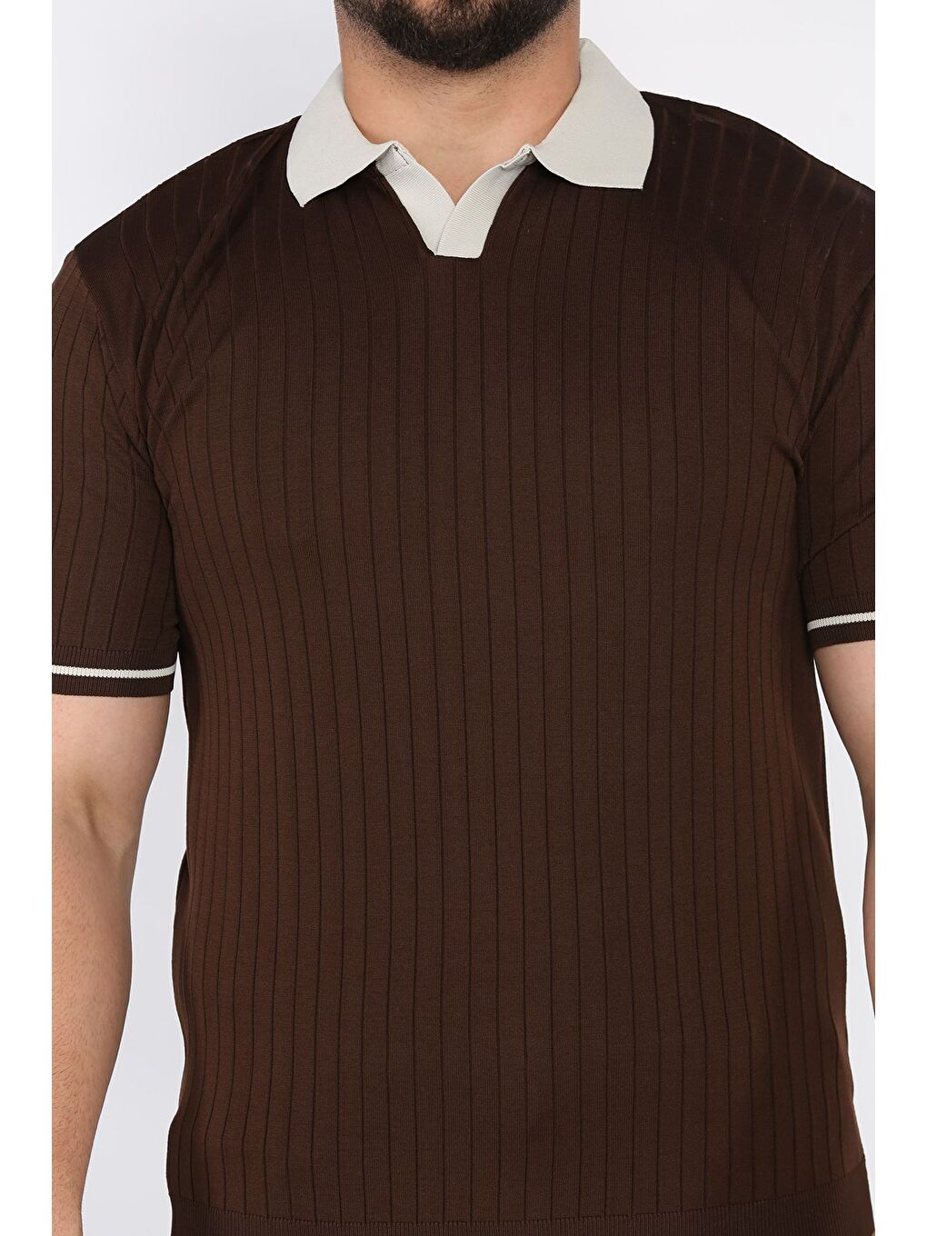 Kahverengi Erkek Polo Yaka Kendinden Çizgi Desenli Triko Tişört-3