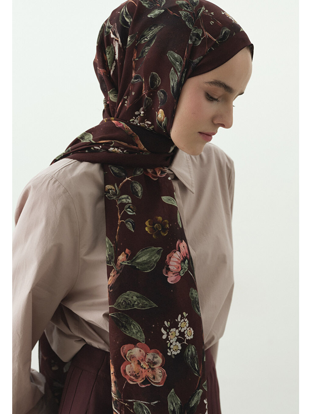 Bordo FLOWER RAIN DESENLİ PAMUK VİSKON ŞAL BORDO-2
