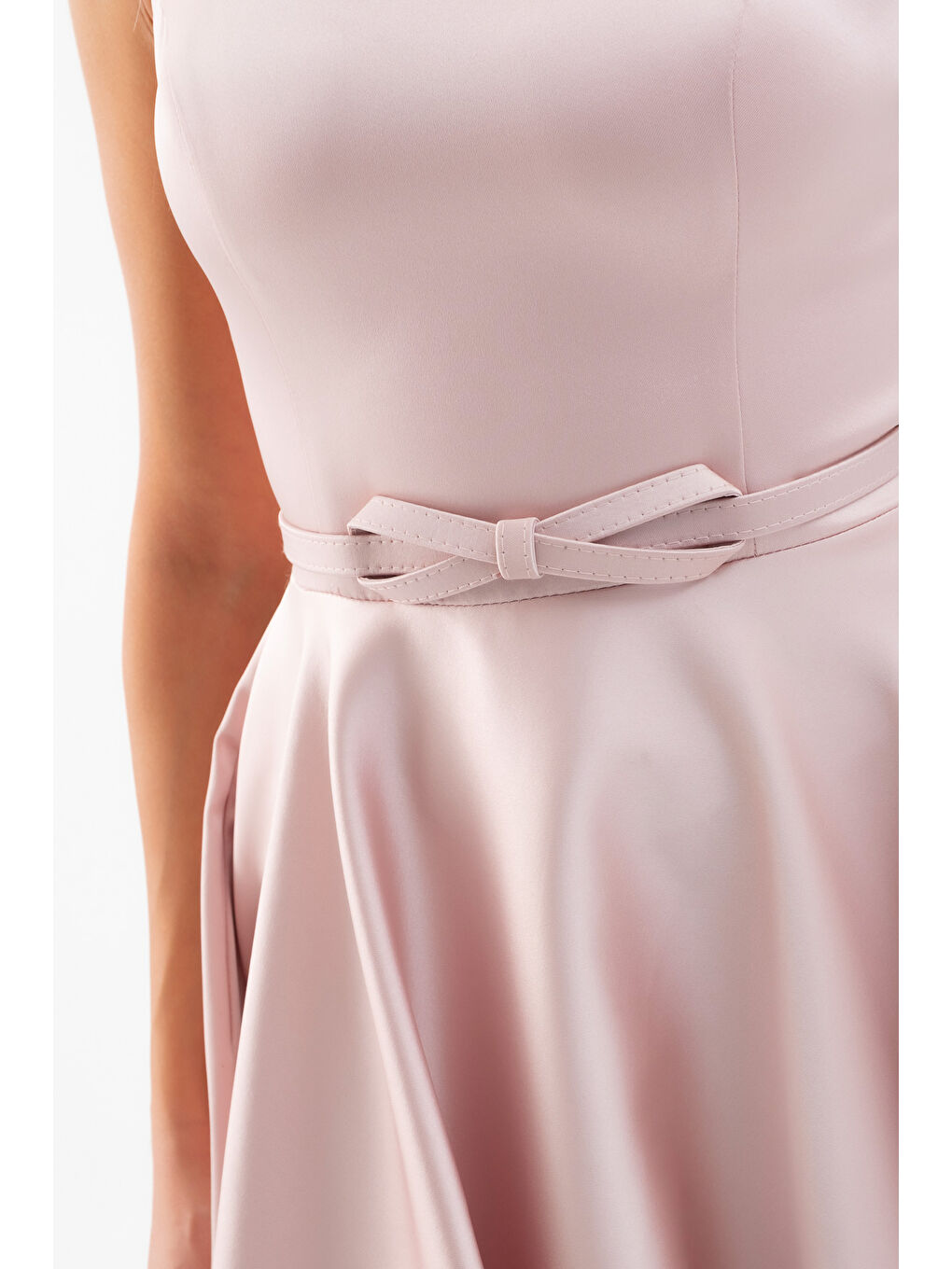 Pembe Kadın Pudra Kare Yaka Kemerli Midi Söz Nişan Elbisesi-3