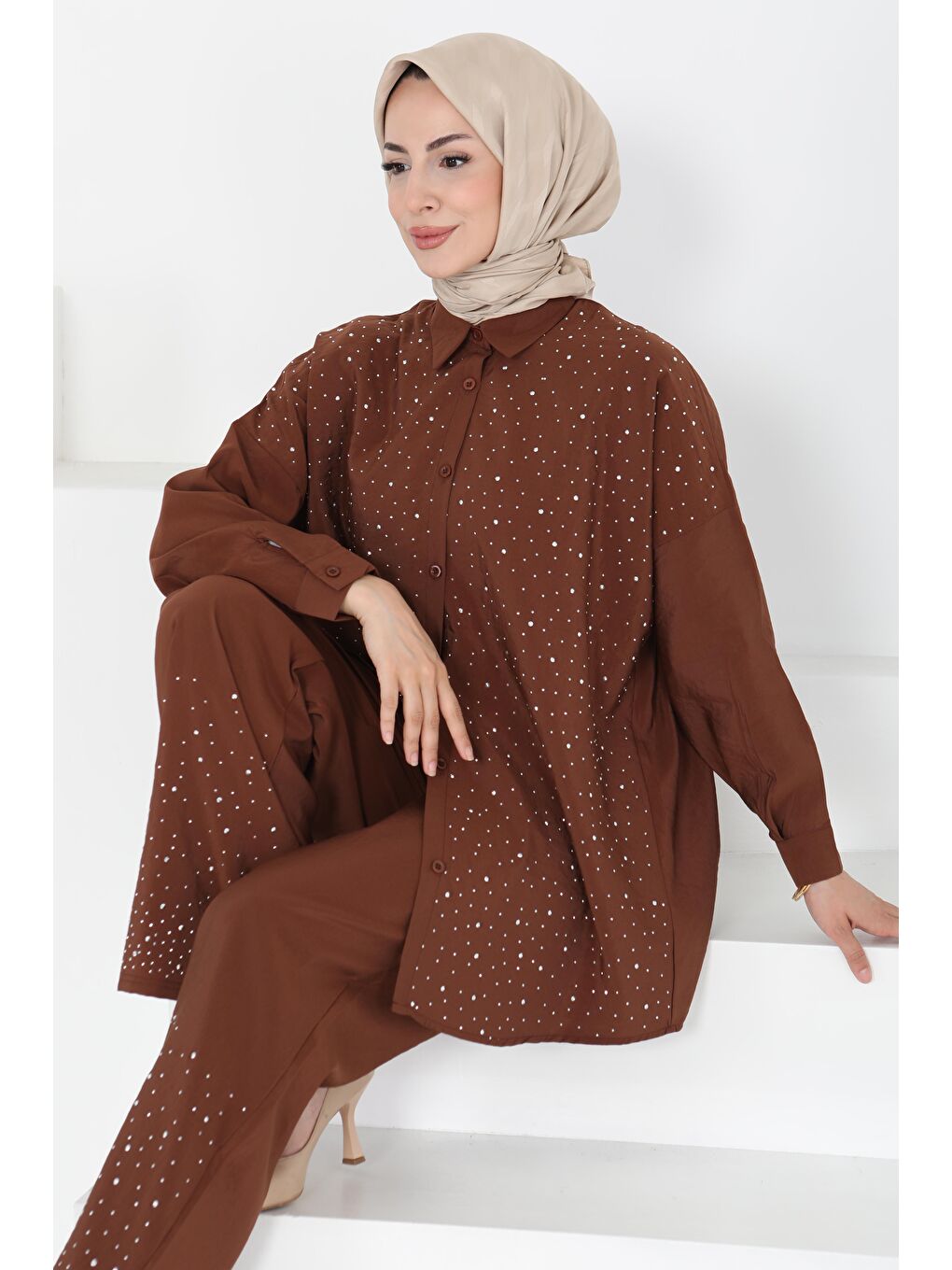 Kahverengi Taş Detaylı İkili Takım Kahve - 27255-1