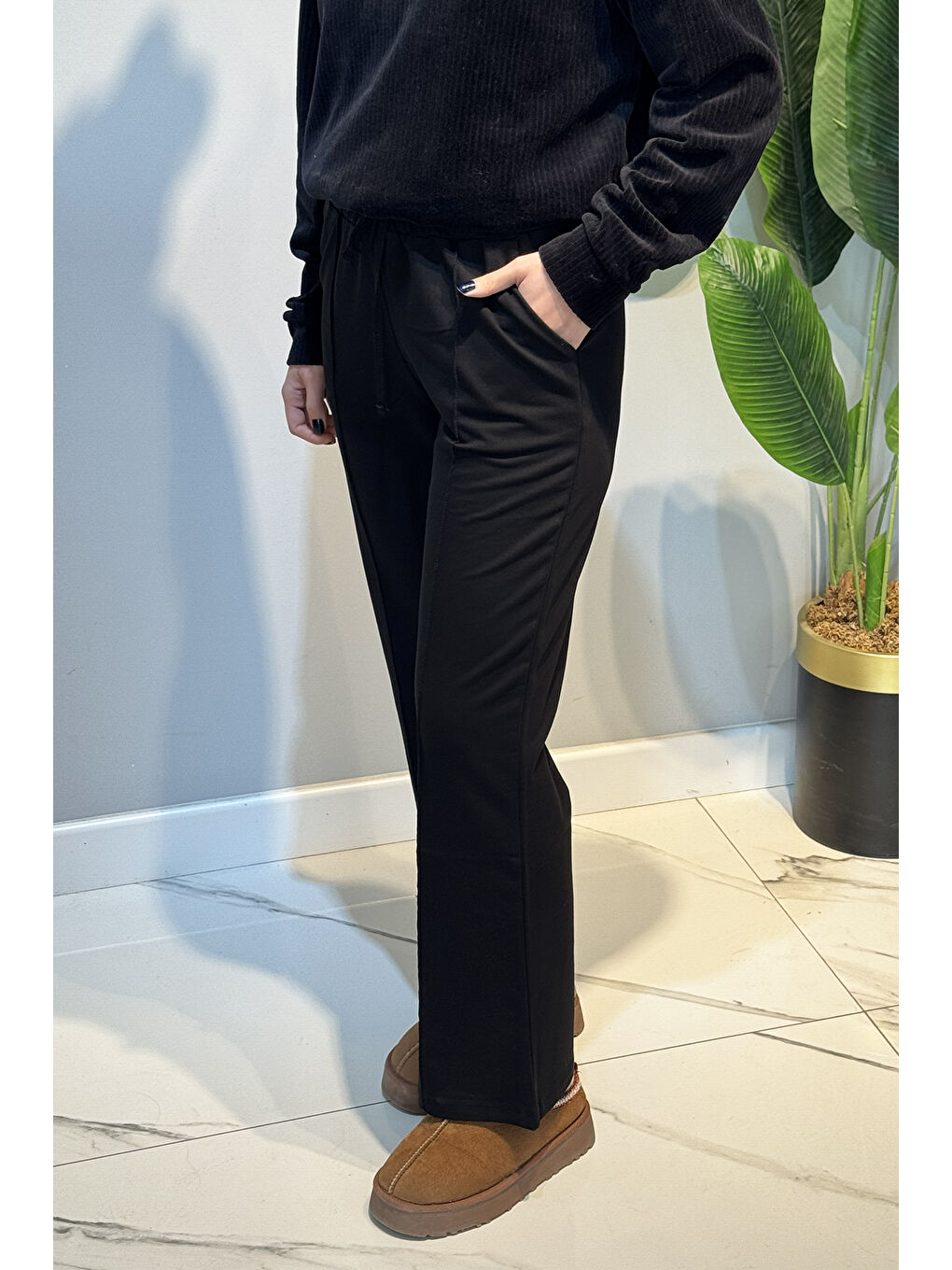 Nervür Dikiş Beli Lastikli Bağcıklı Pantolon 1887 Siyah-2