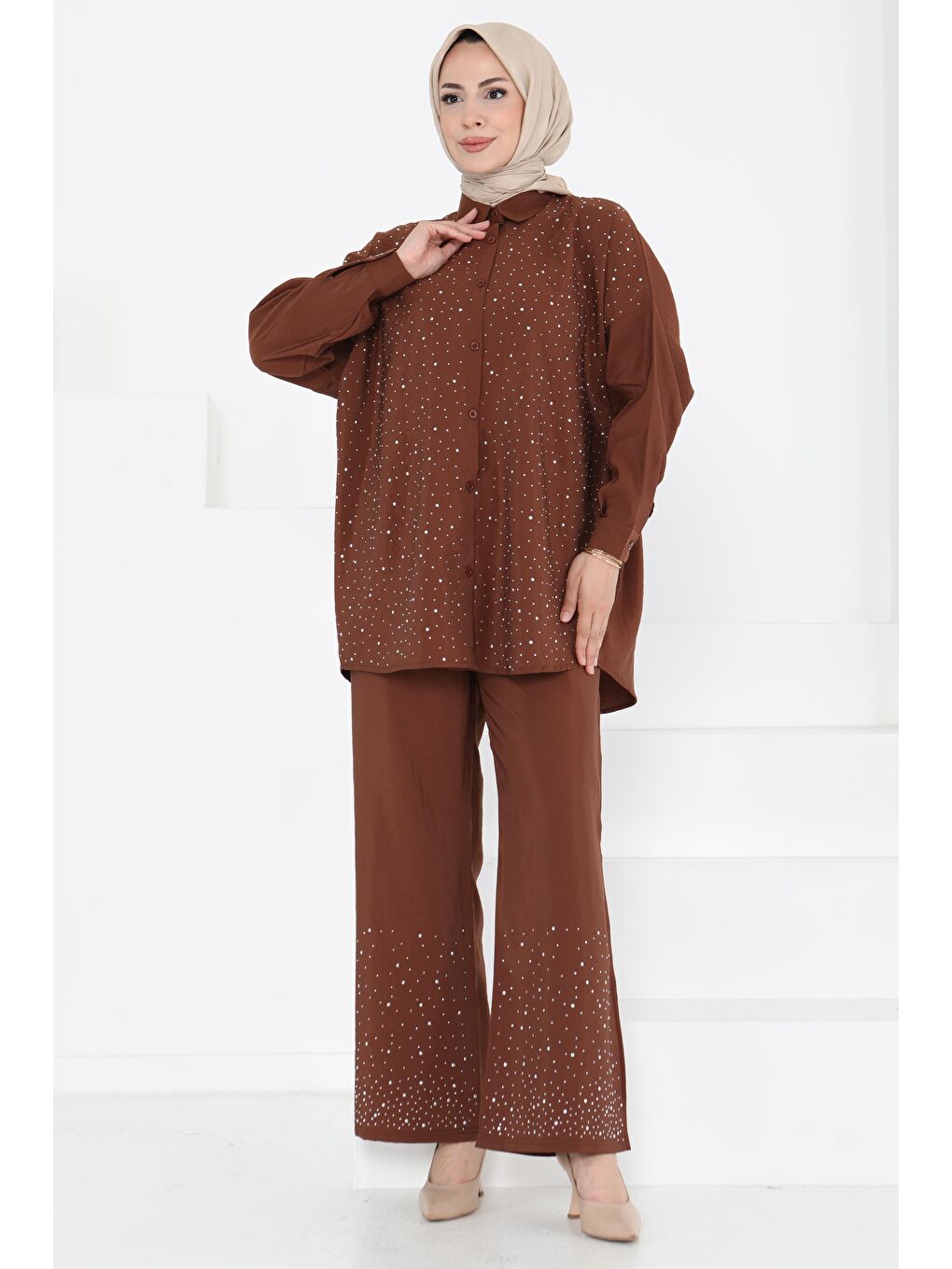 Kahverengi Taş Detaylı İkili Takım Kahve - 27255-2