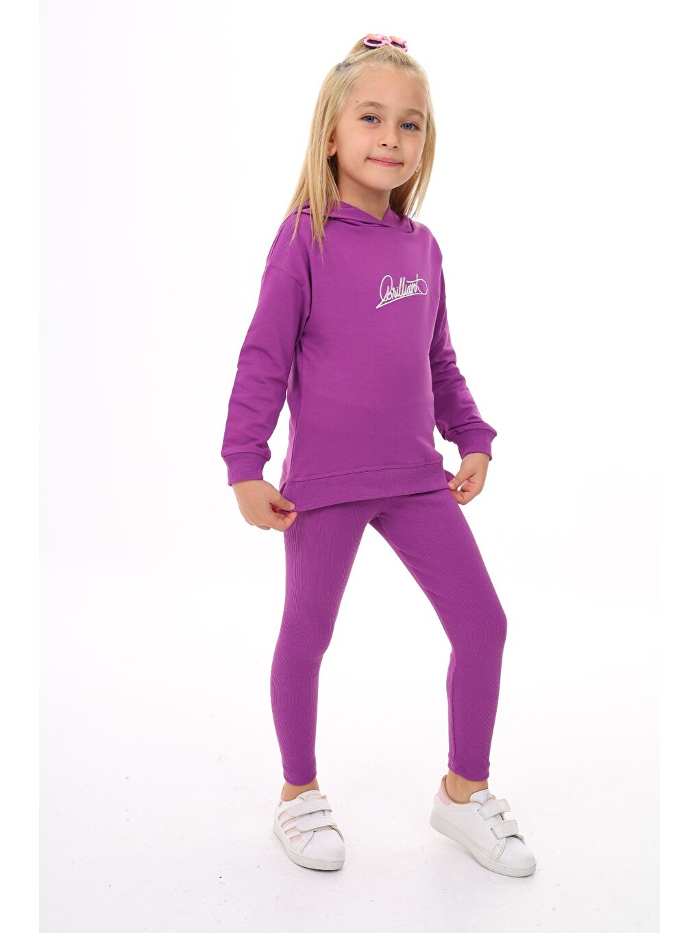 Mor Kız Çocuk Nakışlı Taytlı Takım