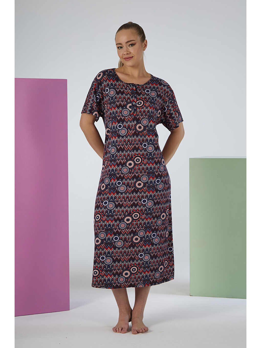 Kadın Kısa Kol Viskon Elbise Pijama 25237-3 Lacivert-2