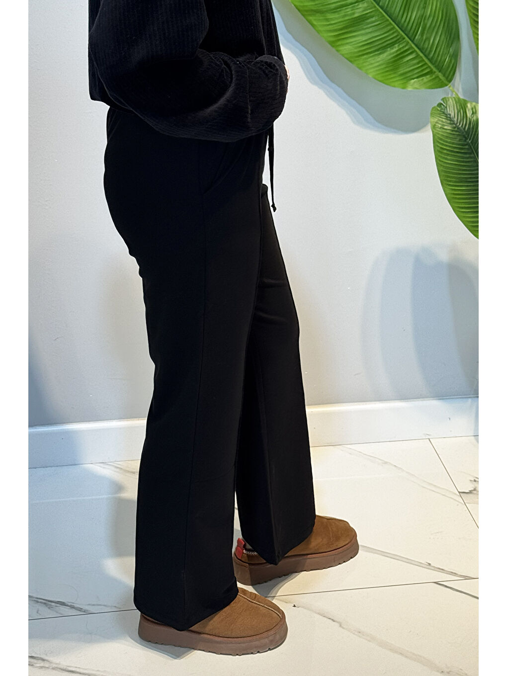 Nervür Dikiş Beli Lastikli Bağcıklı Pantolon 1887 Siyah-3