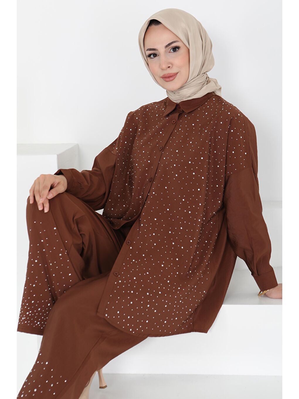 Kahverengi Taş Detaylı İkili Takım Kahve - 27255-3