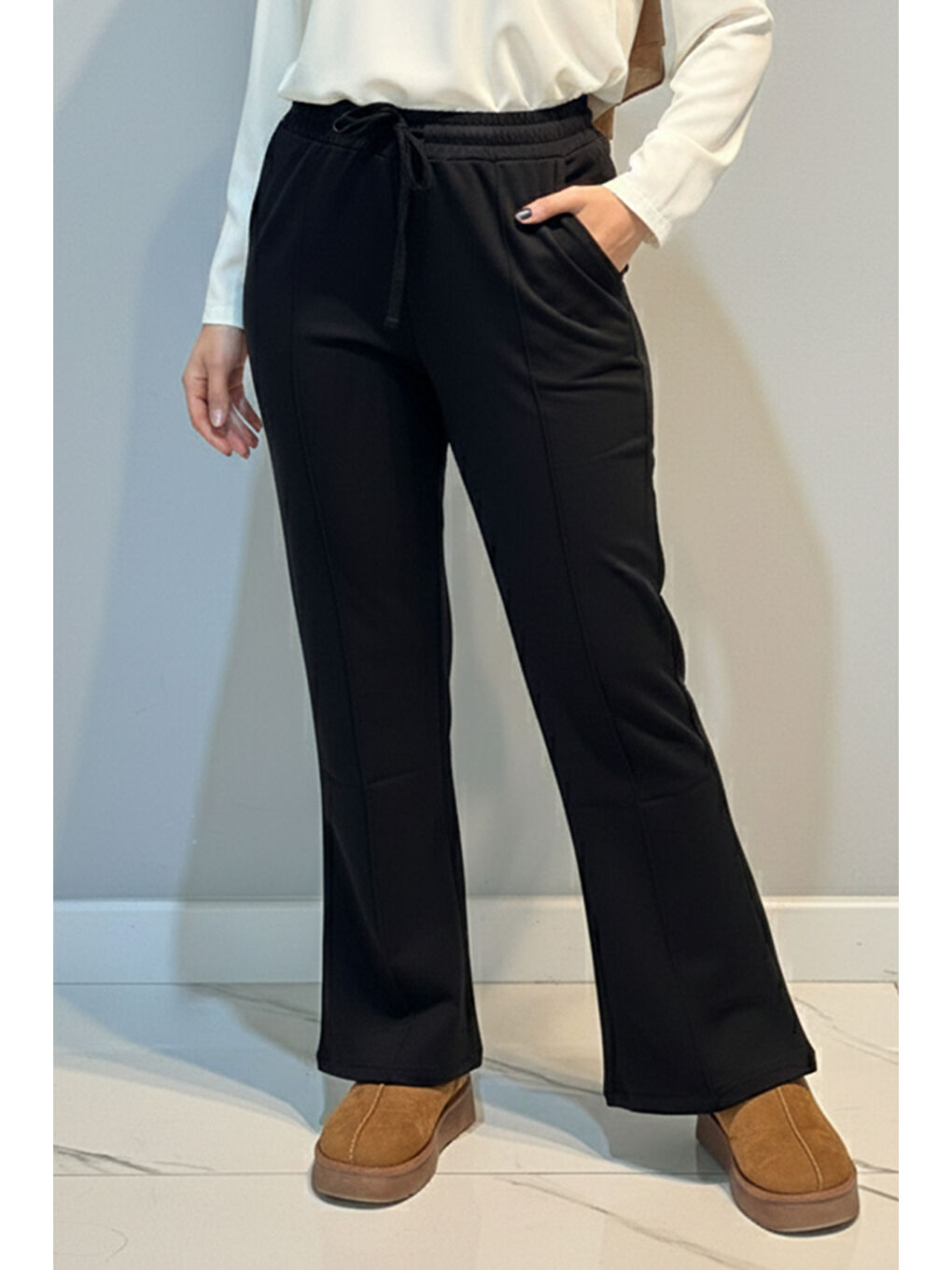 Nervür Dikiş Beli Lastikli Bağcıklı Pantolon 1887 Siyah-4