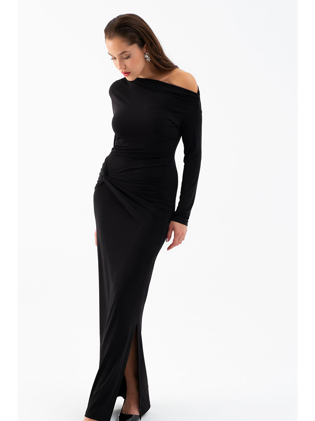 Kadın Siyah Düğüm Detay Uzun Örme Elbise-2