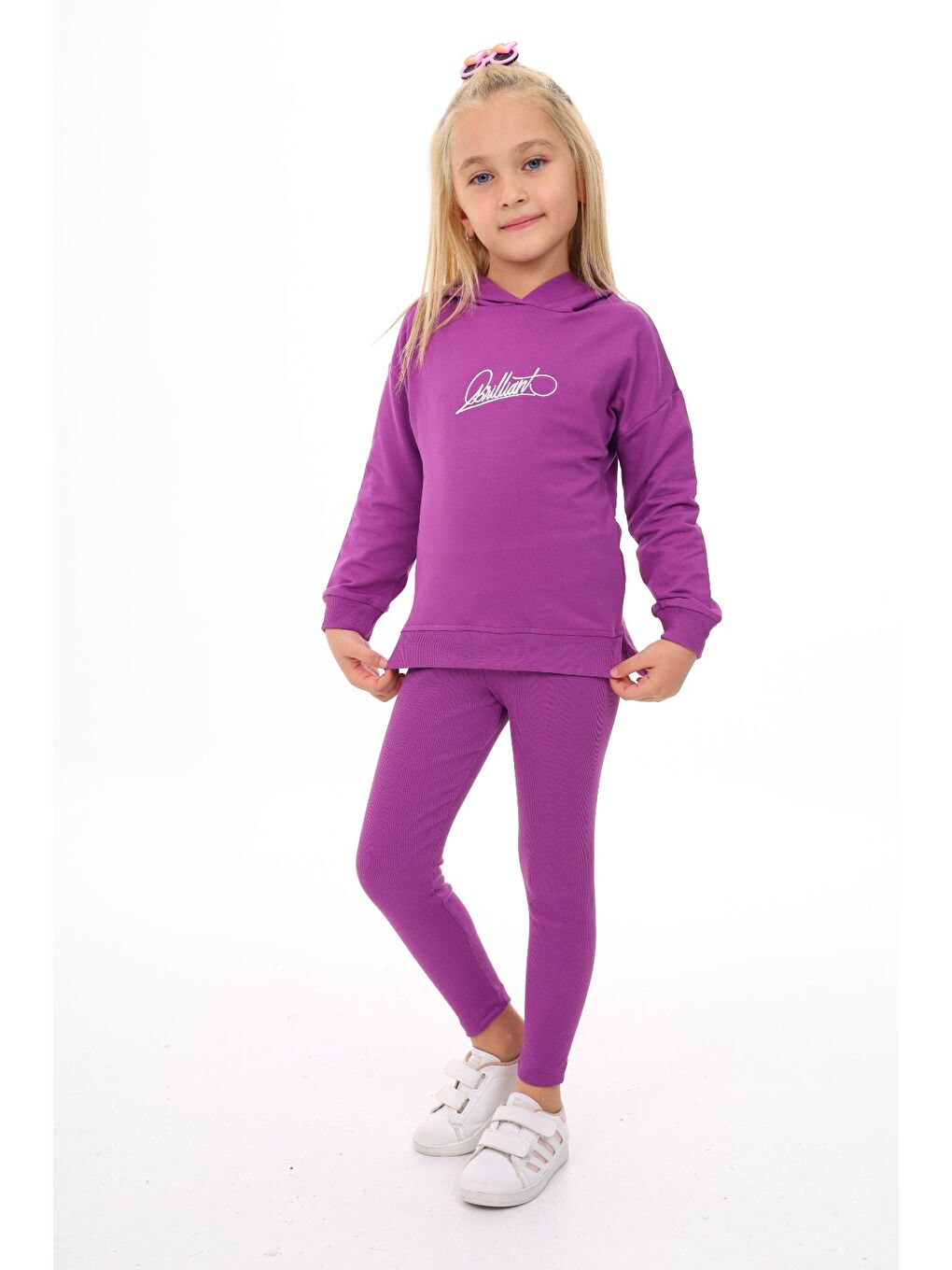 Mor Kız Çocuk Nakışlı Taytlı Takım-1
