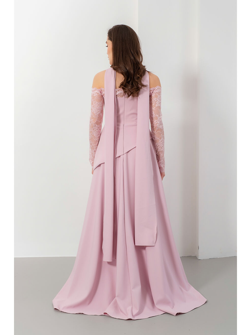 Pembe Kadın Pudra Dar Kalıp Kayık Yaka Dantel Detay Uzun Abiye Elbise-5