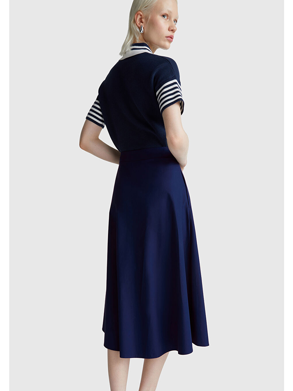 Kadın Lacivert Pamuk Karışımlı Pile Detaylı Midi Etek-2