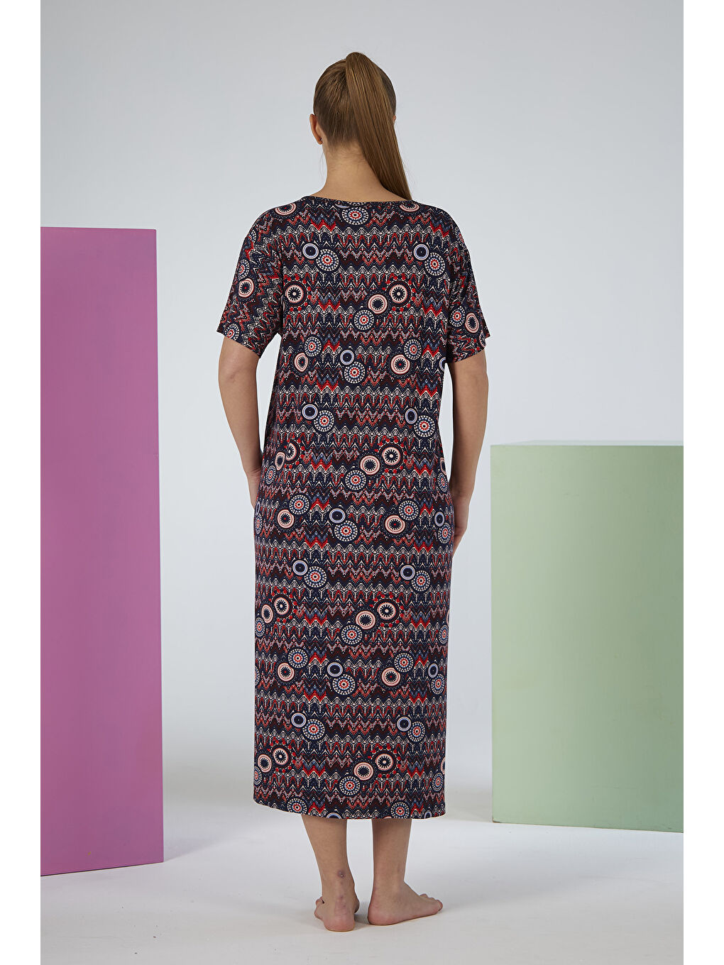 Kadın Kısa Kol Viskon Elbise Pijama 25237-3 Lacivert-3