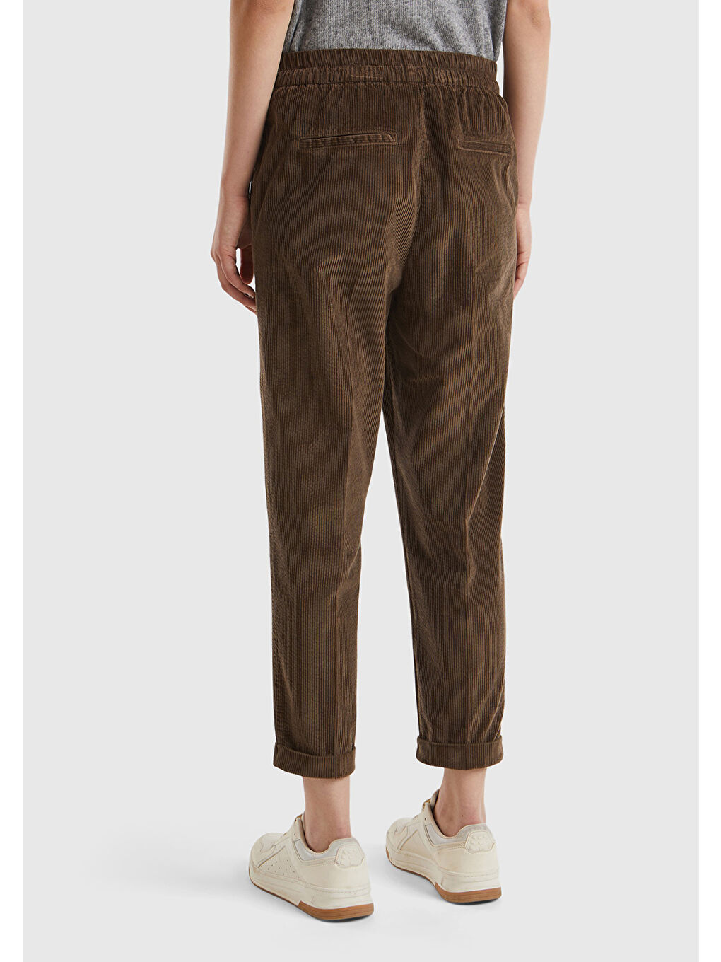 Kadın Koyu Kahverengi Beli Lastikli Kadife Pantolon-1