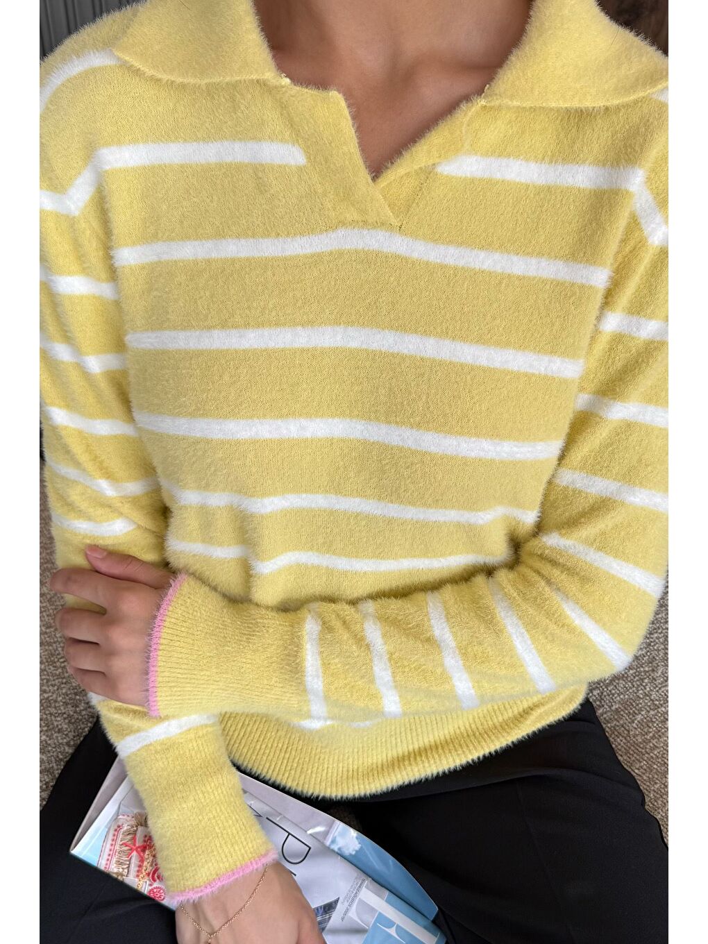 Sarı Kadın Polo Yaka Çizgi Desenli Sakallı Triko Kazak (s-m-l-xl Beden Uyumludur.)-3