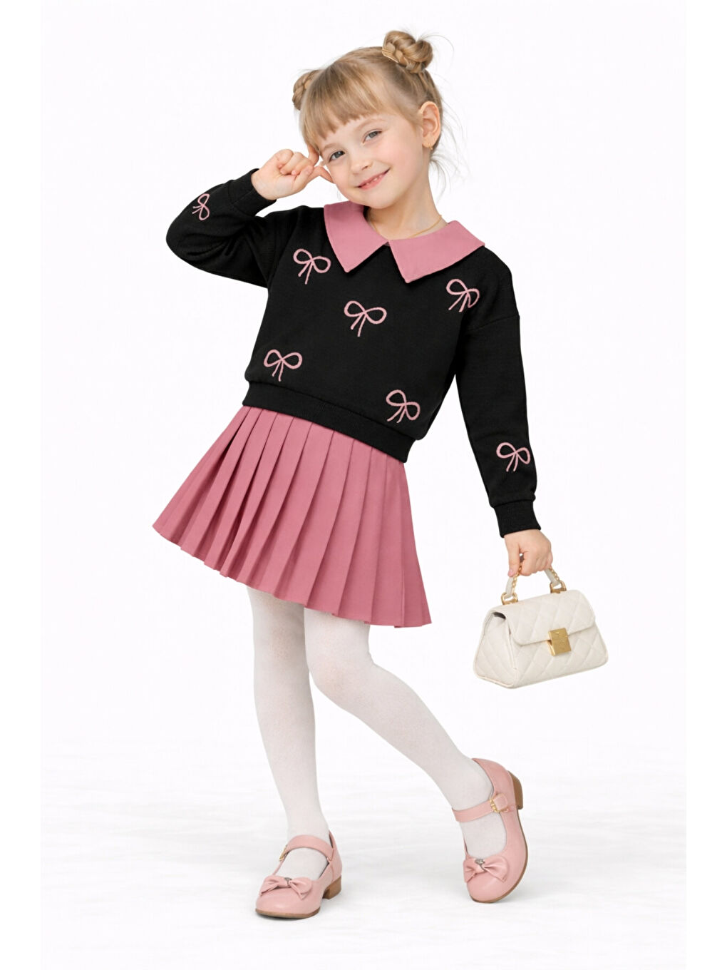 Pembe Kız Çocuk Yakalı Fiyonklu Sweatshirt Piliseli Etek 2’li Takım Ak14513-1