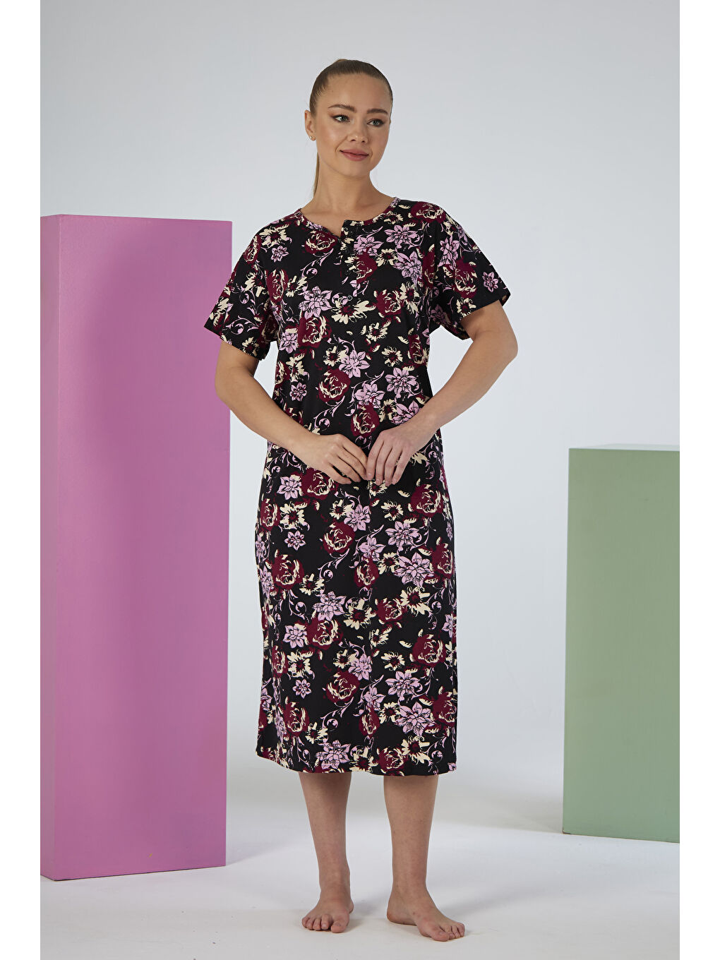 Kadın Kısa Kol Viskon Elbise Pijama 25237-5 Siyah-2