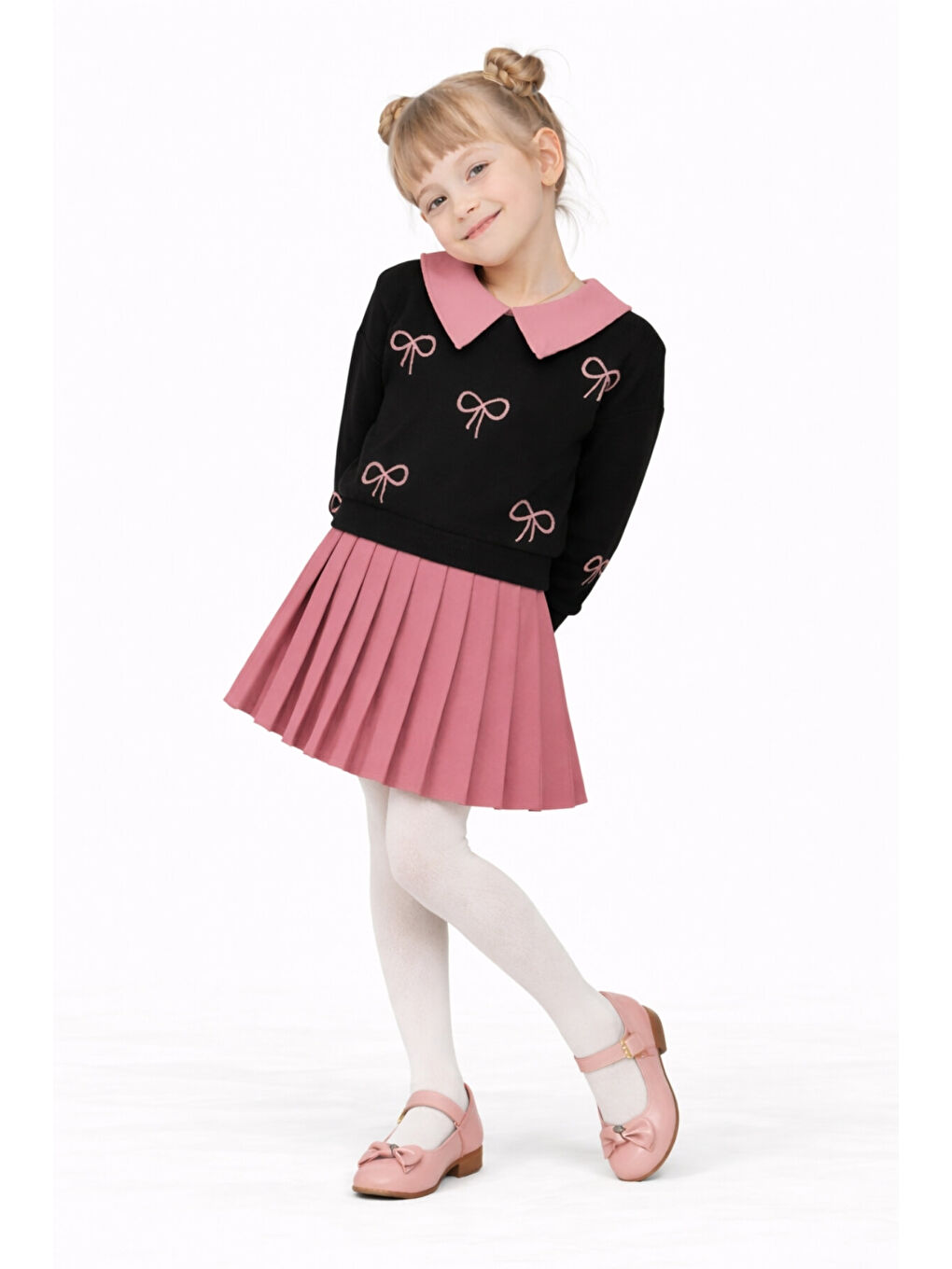 Pembe Kız Çocuk Yakalı Fiyonklu Sweatshirt Piliseli Etek 2’li Takım Ak14513-2