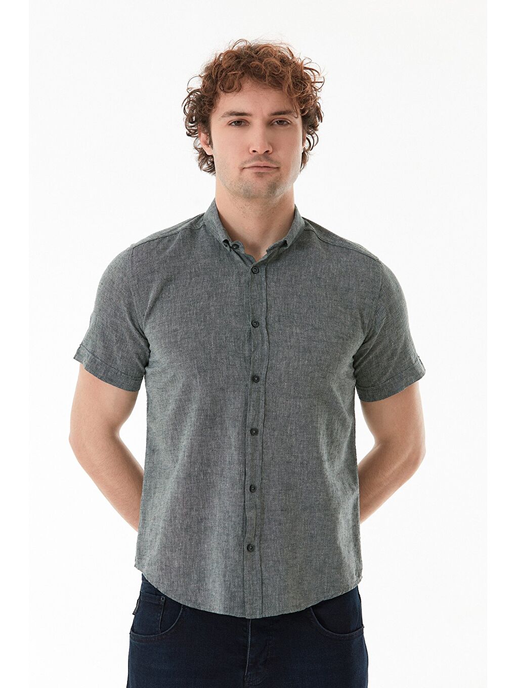 Haki Basic Kısa Kollu Keten Gömlek