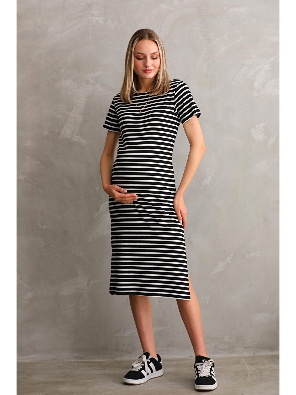 Siyah Beyaz Kısa Kol Bisiklet Yaka Fittilli Kaşkorse Çizgili Hamile Elbisesi-1