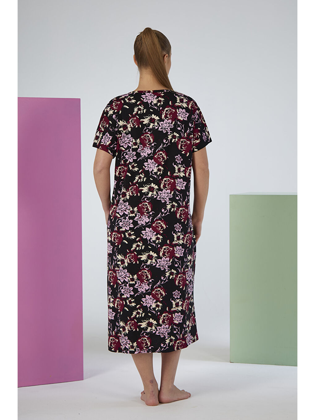 Kadın Kısa Kol Viskon Elbise Pijama 25237-5 Siyah-3