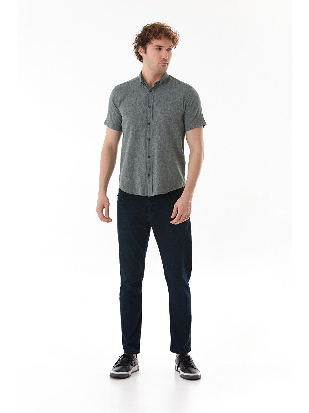 Haki Basic Kısa Kollu Keten Gömlek-1