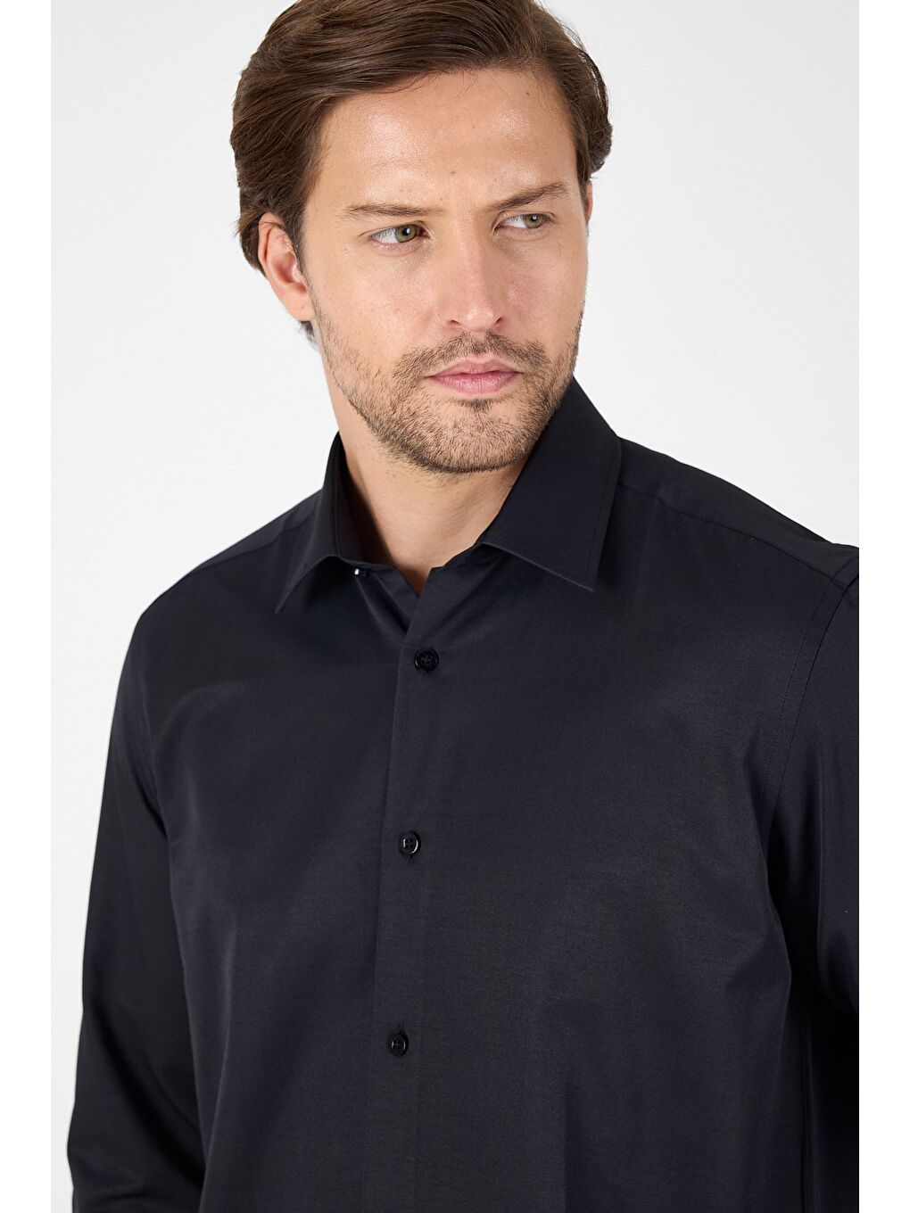Siyah Uzun Kol Sert Yaka Cepsiz Comfort Fit Pamuklu Gömlek 1004250914-3