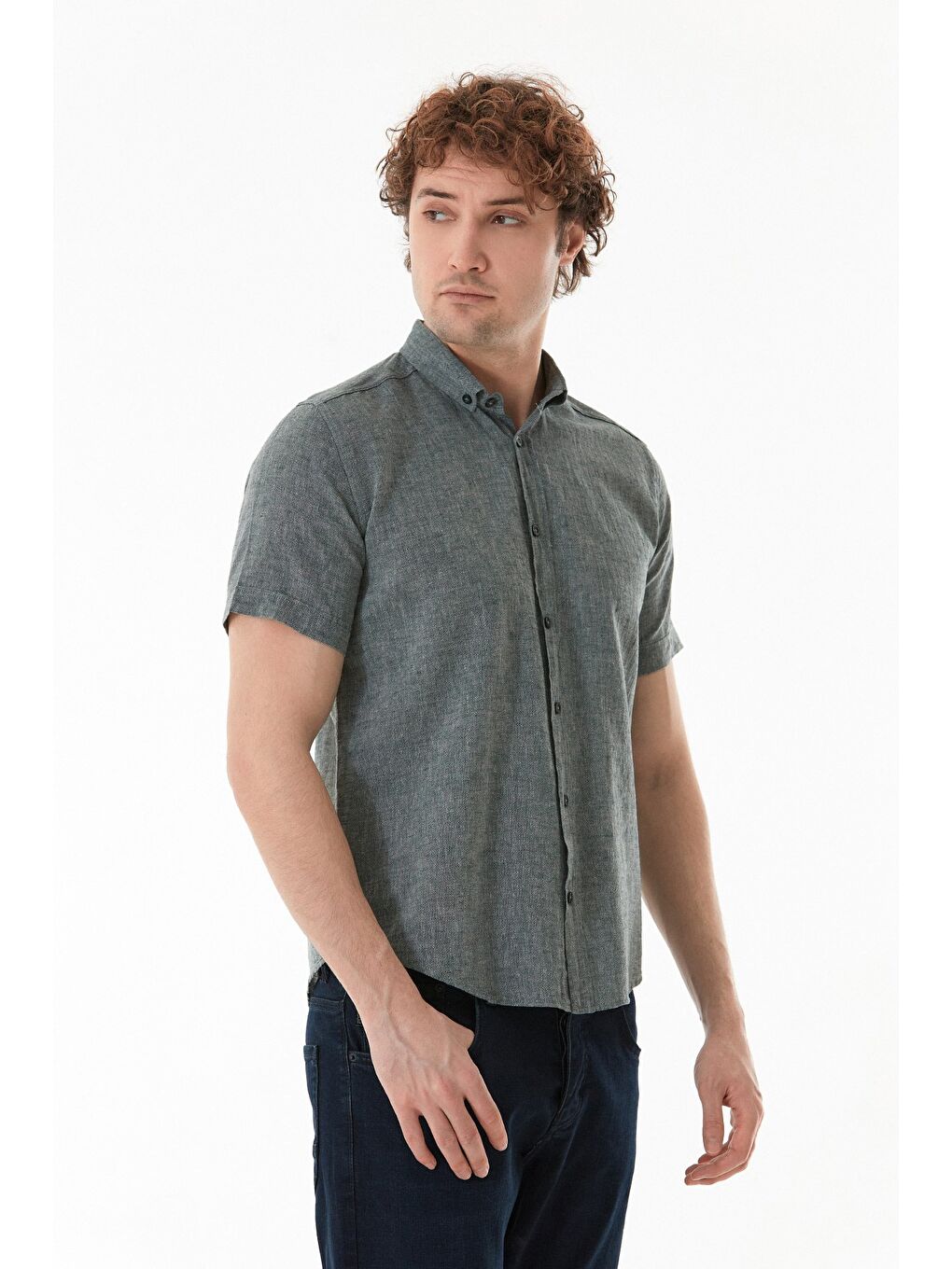 Haki Basic Kısa Kollu Keten Gömlek-2